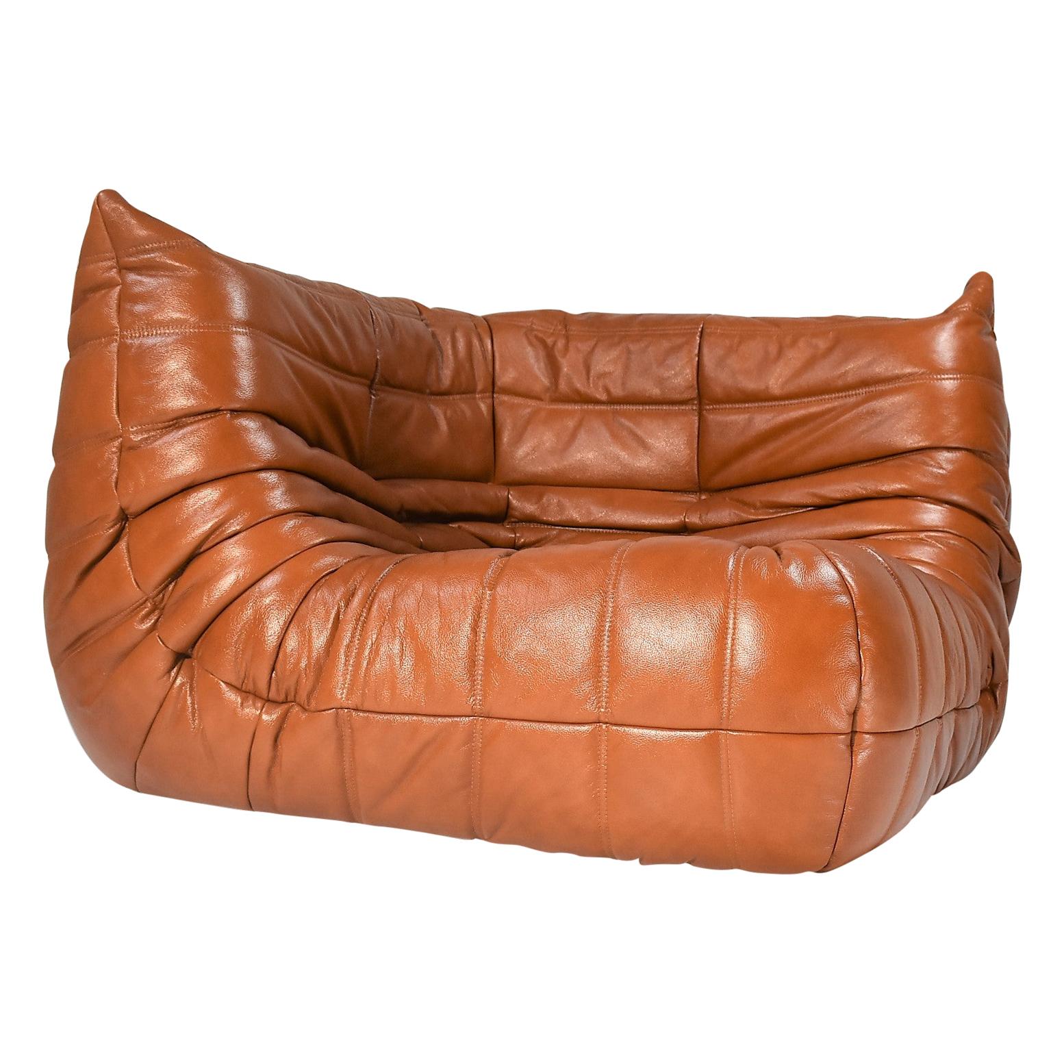 French Togo Corner Seat in Brown/Orange Leather, Michel Ducaroy for Ligne Roset For Sale