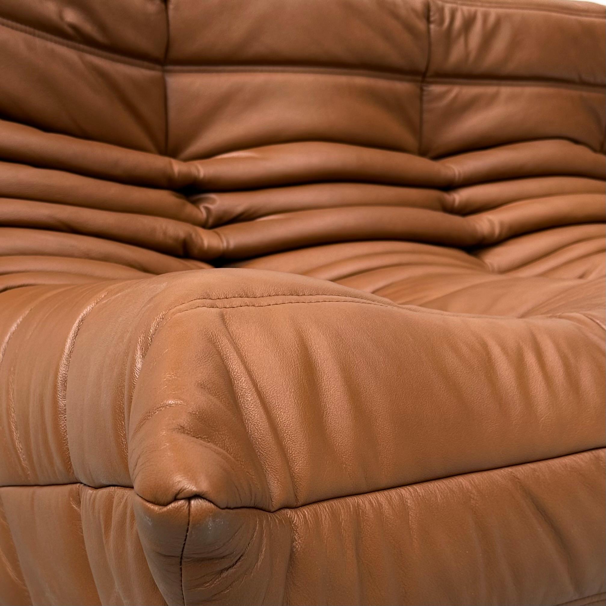 Mid-Century Modern French Togo Sofa in Cognac Leather by Michel Ducaroy for Ligne Roset. For Sale