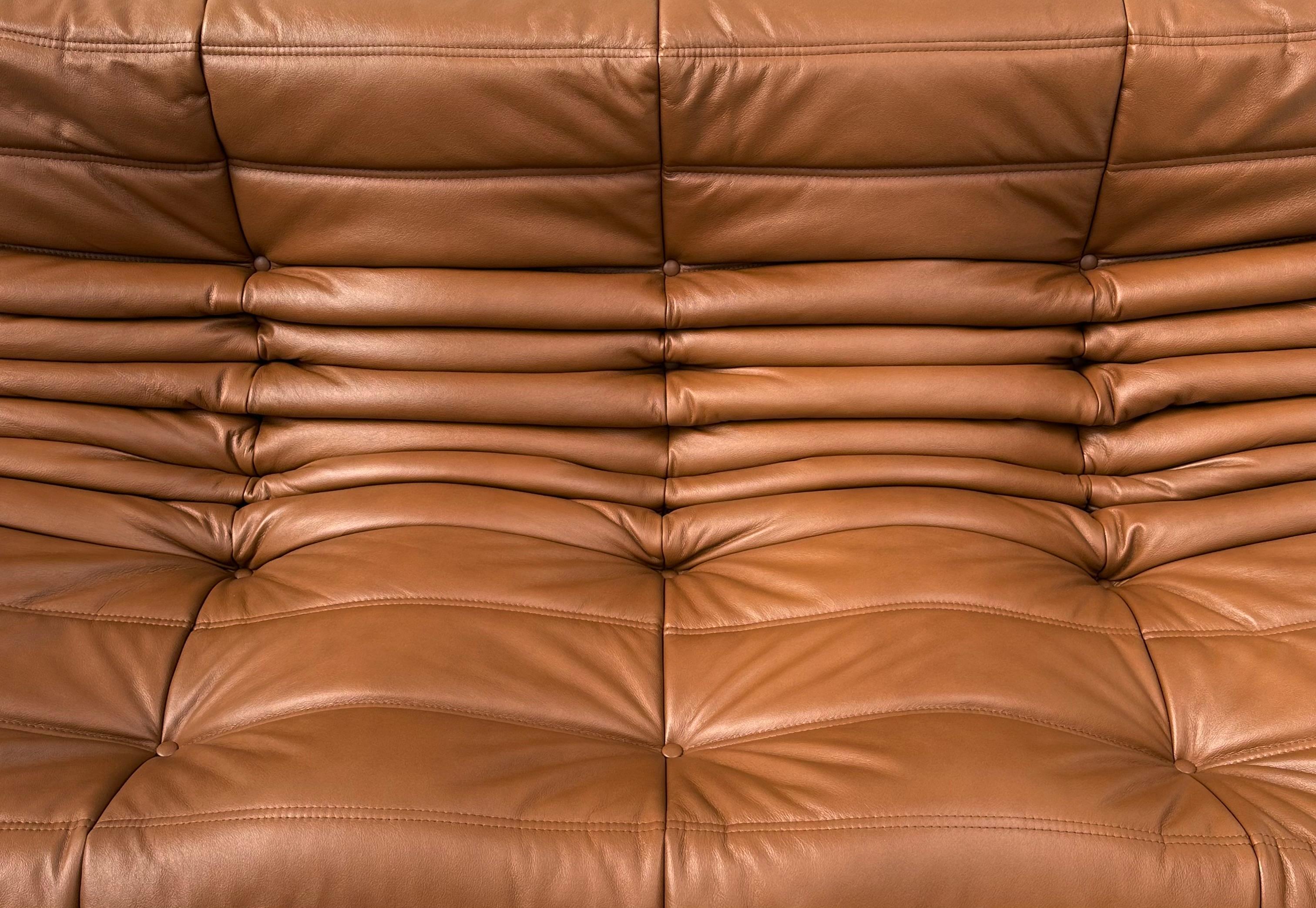 Mid-Century Modern Canapé Togo français en cuir cognac de Michel Ducaroy pour Ligne Roset.