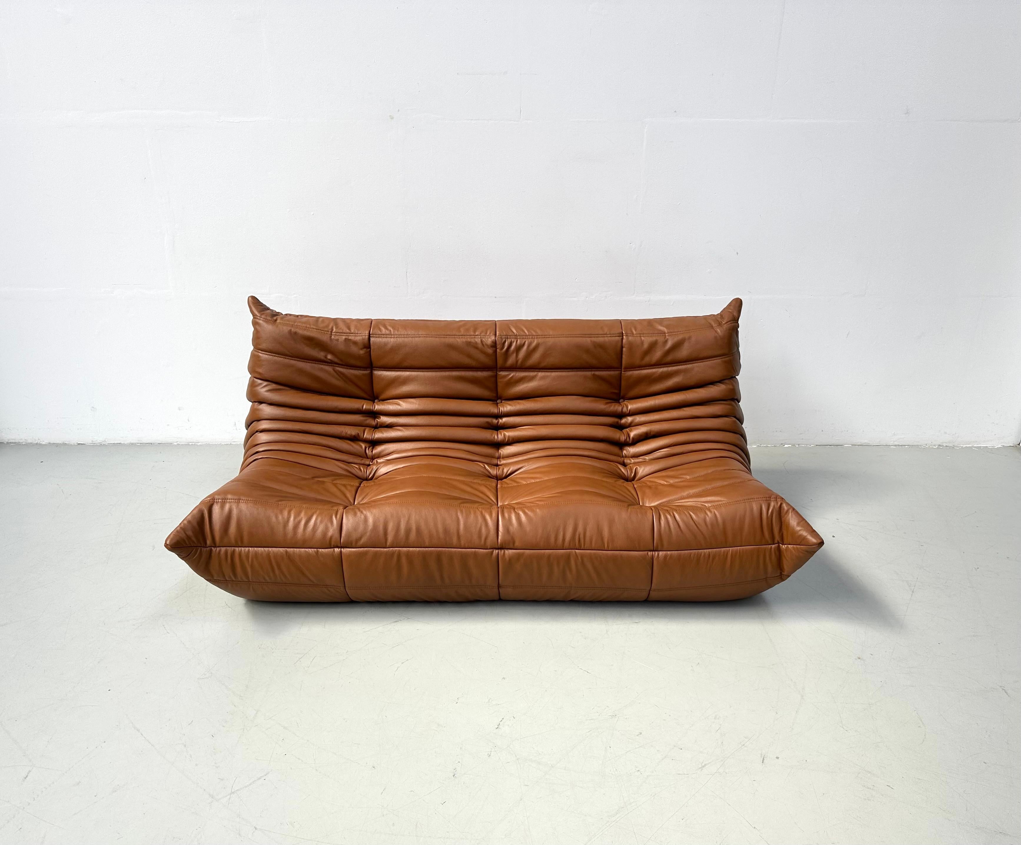 Mid-Century Modern French Togo Sofa in Cognac Leather by Michel Ducaroy for Ligne Roset.