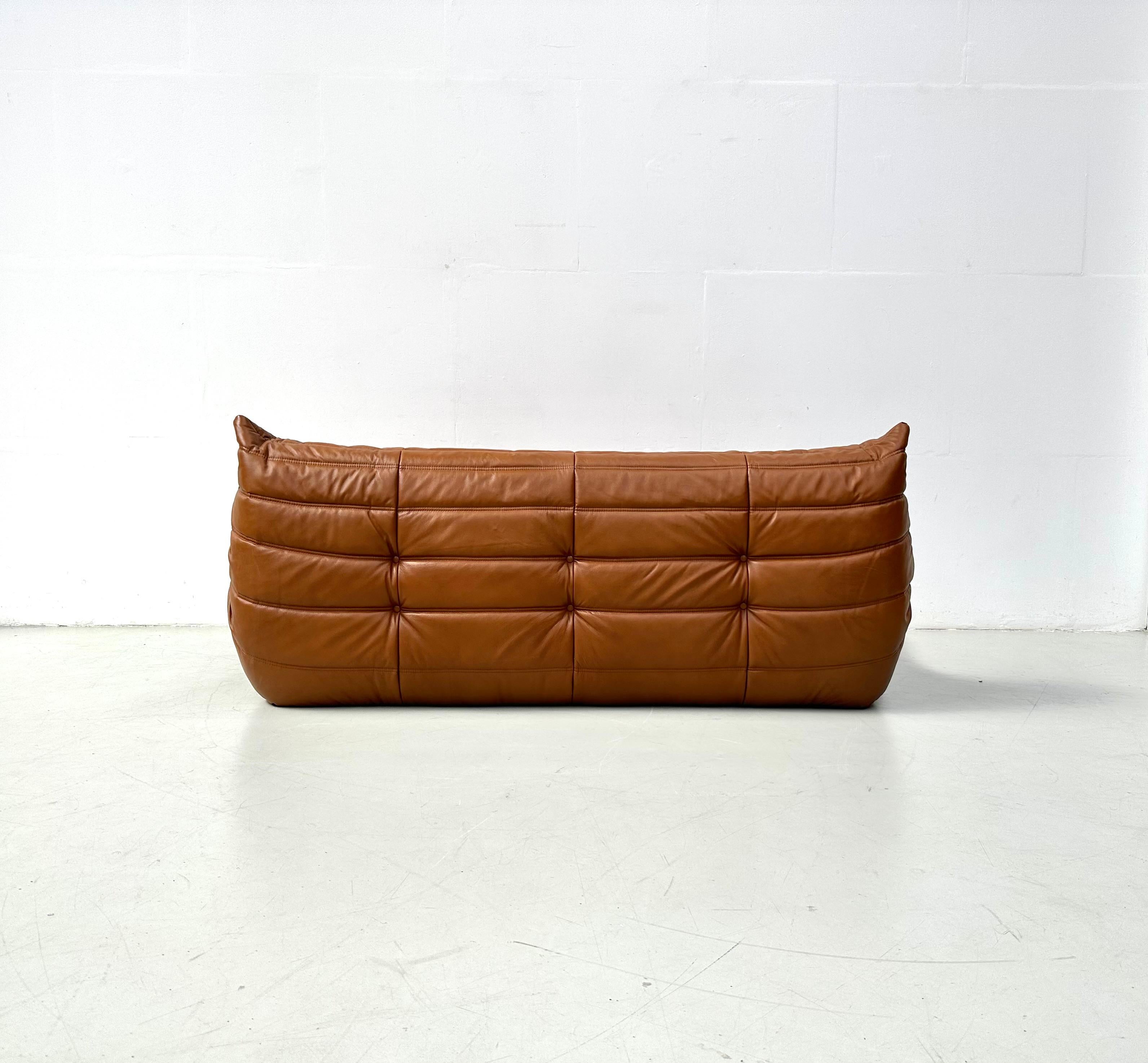 French Togo Sofa in Cognac Leather by Michel Ducaroy for Ligne Roset. 1