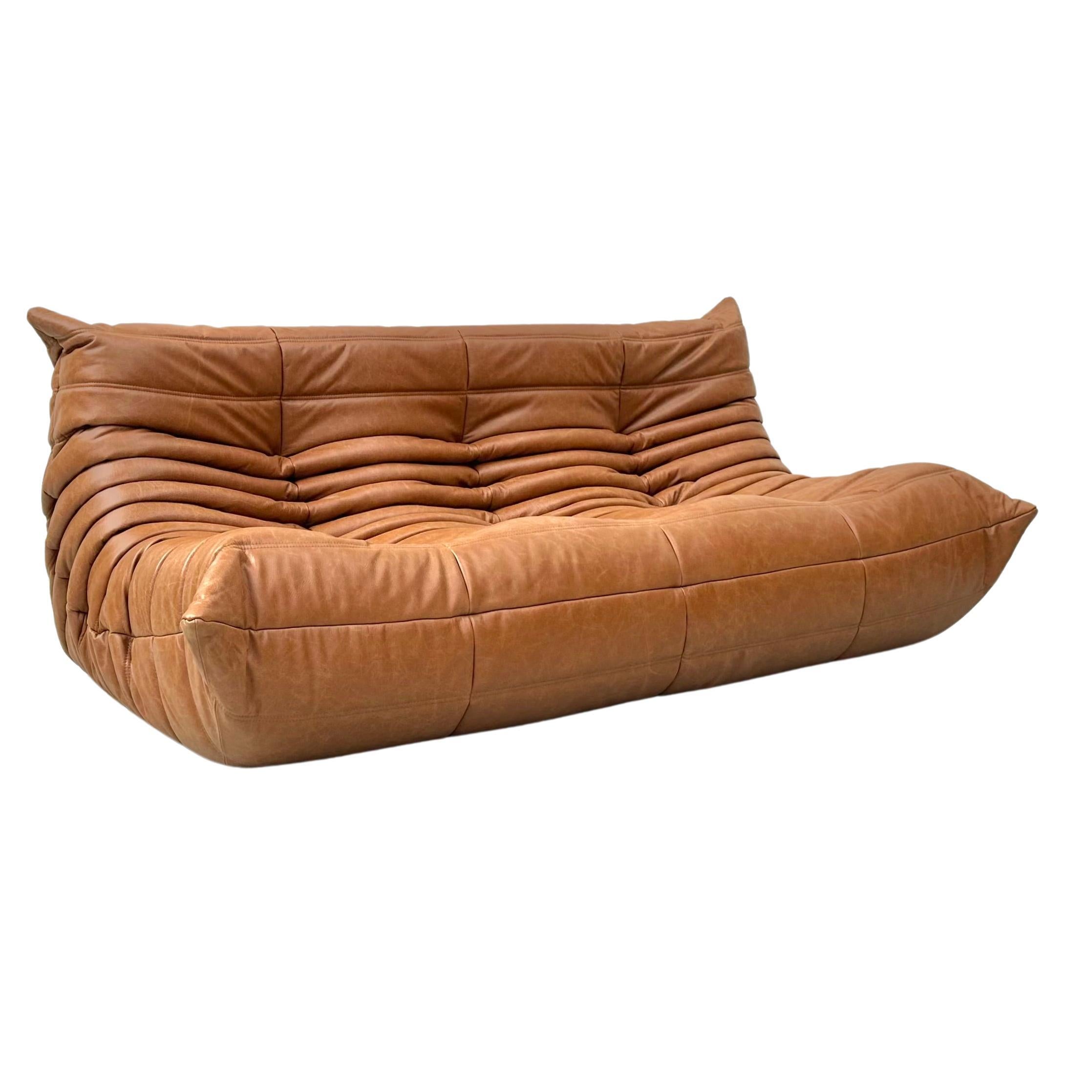 French Togo Sofa in Cognac  Leather by Michel Ducaroy for Ligne Roset.