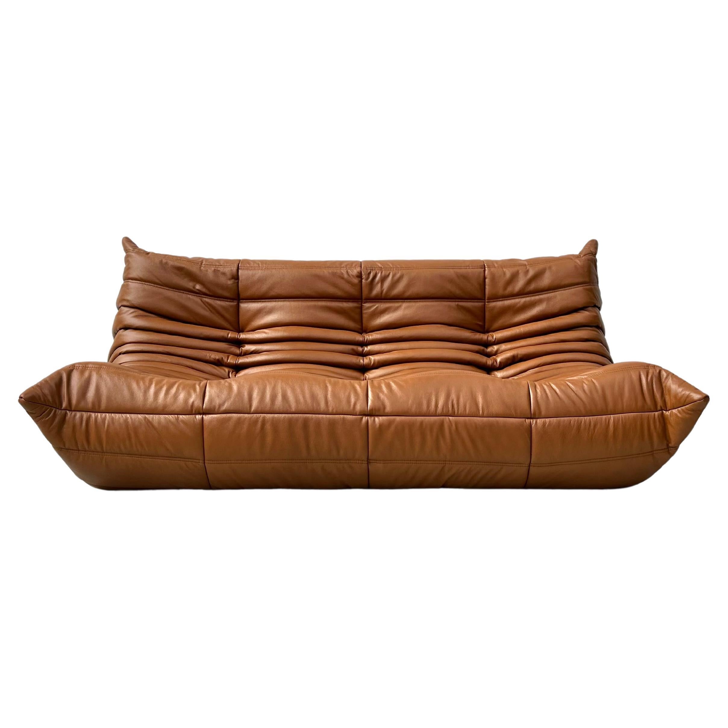 French Togo Sofa in Cognac Leather by Michel Ducaroy for Ligne Roset.