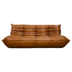 French Togo Sofa in Cognac Leather by Michel Ducaroy for Ligne Roset.