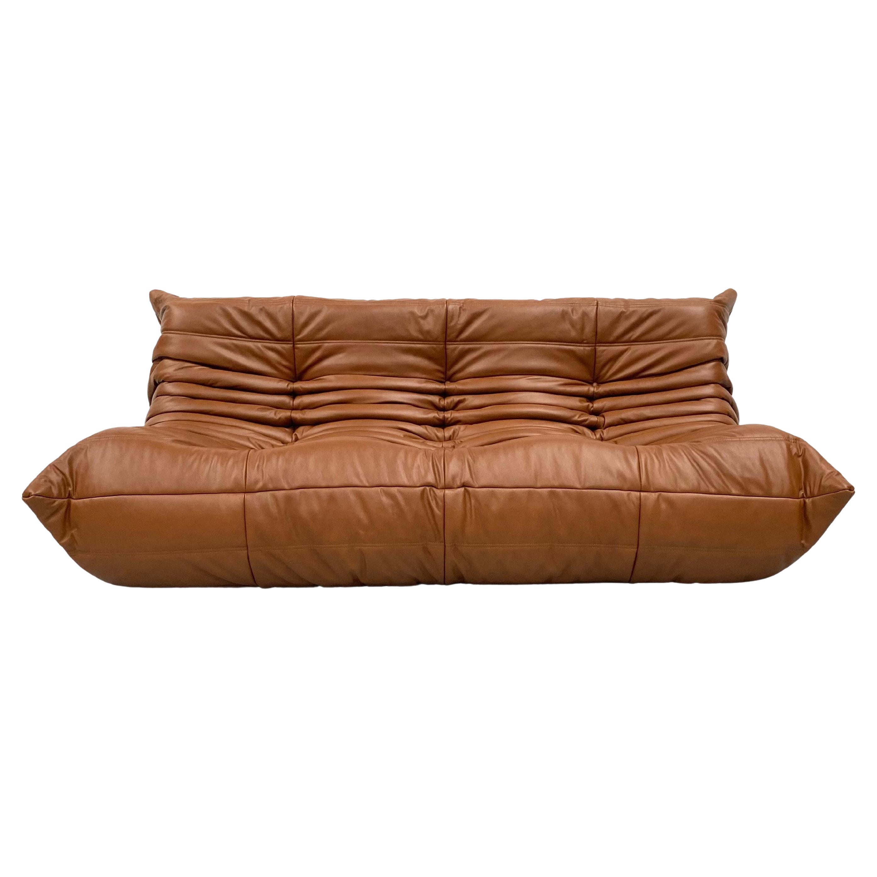 French Togo Sofa in Dark Cognac Leather by M. Ducaroy for Ligne Roset, 1970s