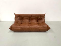 French Togo Sofa in Dark Cognac Leather by Michel Ducaroy for Ligne Roset, 1970s