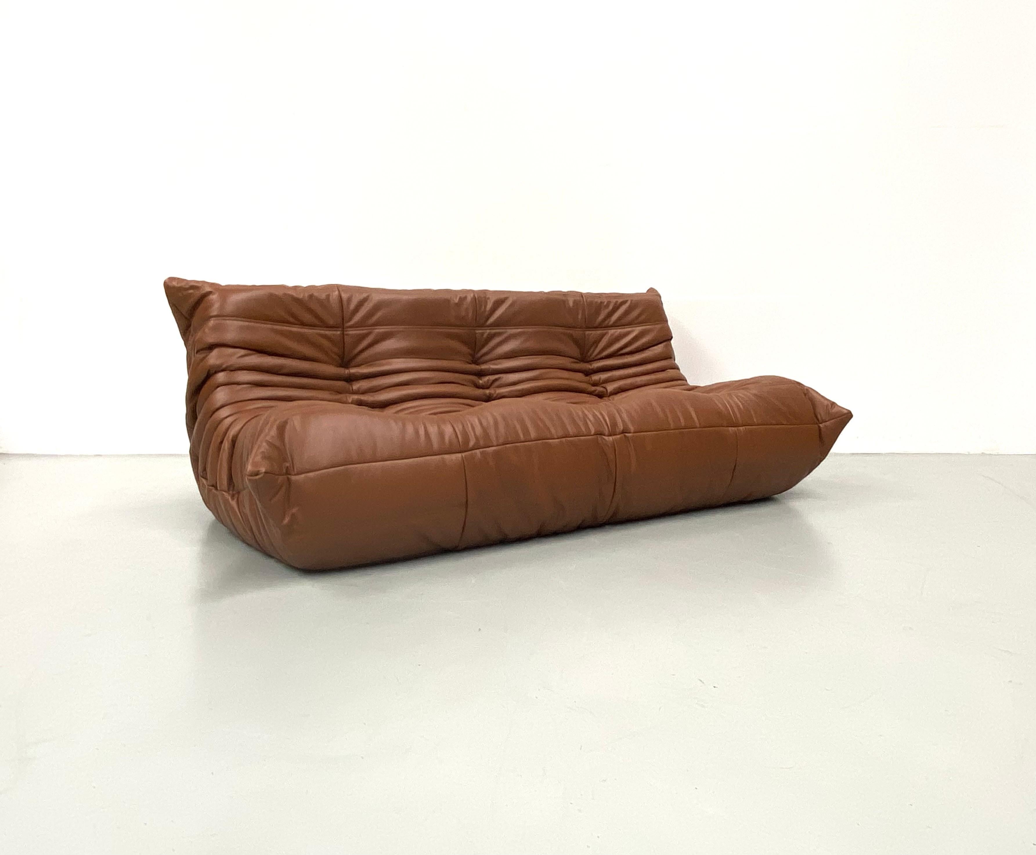20th Century French Togo Sofa in Dark Cognac Leather by Michel Ducaroy for Ligne Roset, 1970s
