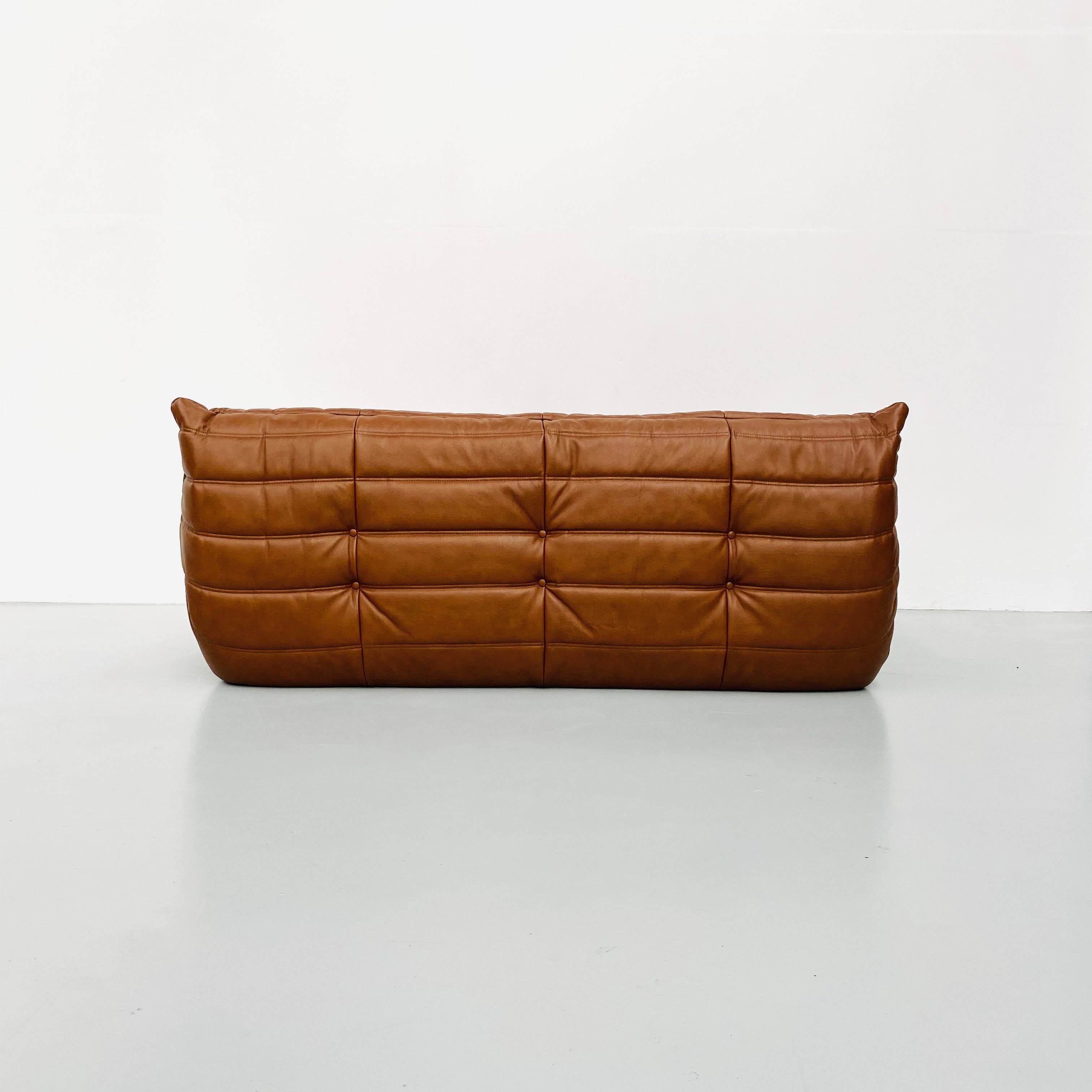 Mid-Century Modern French Togo Sofa in Dark Cognac Leather by Michel Ducaroy for Ligne Roset, 1974