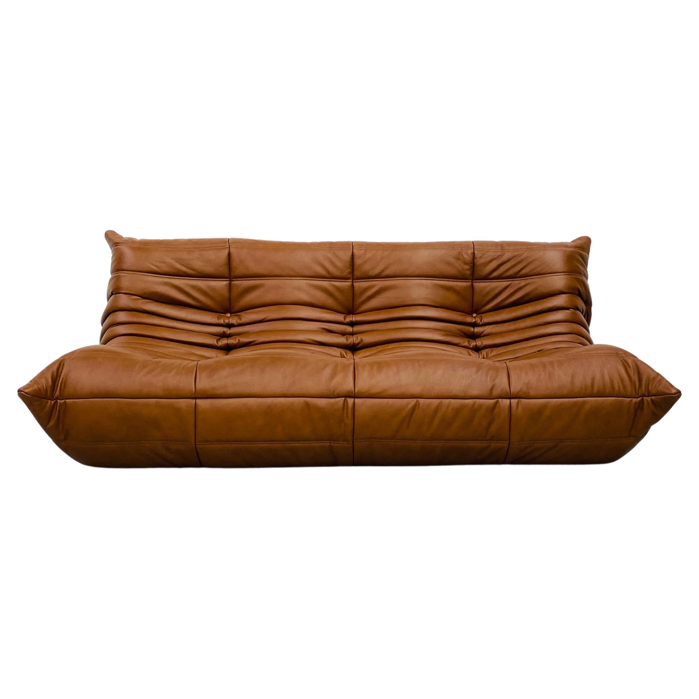 French Togo Sofa in Dark Cognac Leather by Michel Ducaroy for Ligne Roset, 1974