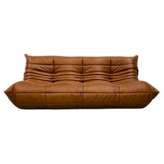 French Togo Sofa in Dark Cognac Leather by Michel Ducaroy for Ligne Roset, 1974