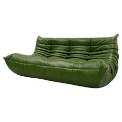 French 3-seater Togo Sofa in Green Leather by Michel Ducaroy for Ligne Roset.