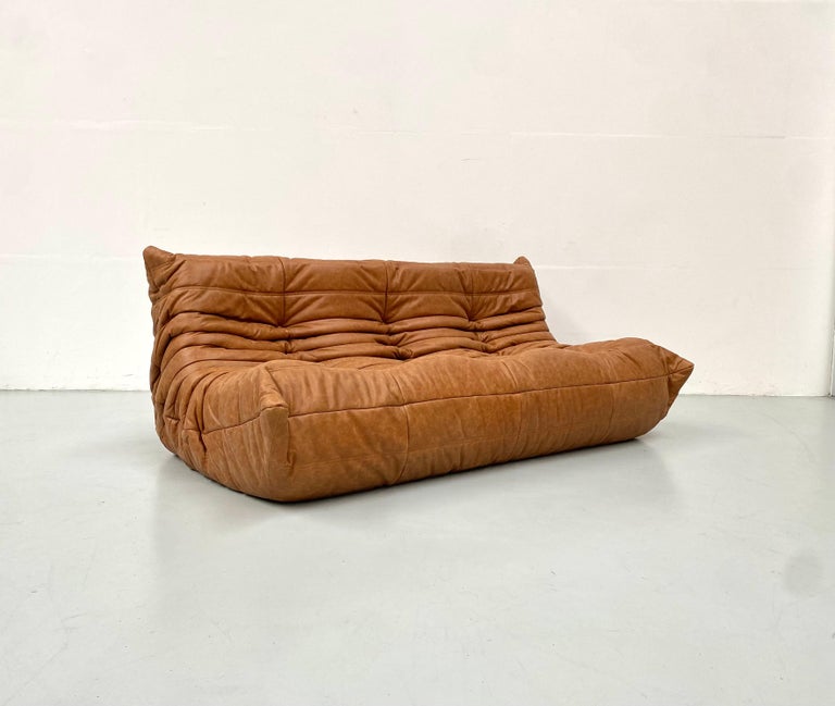 French Togo Sofa in Vintage Cognac Leather by M. Ducaroy for Ligne Roset,  1970s at 1stDibs