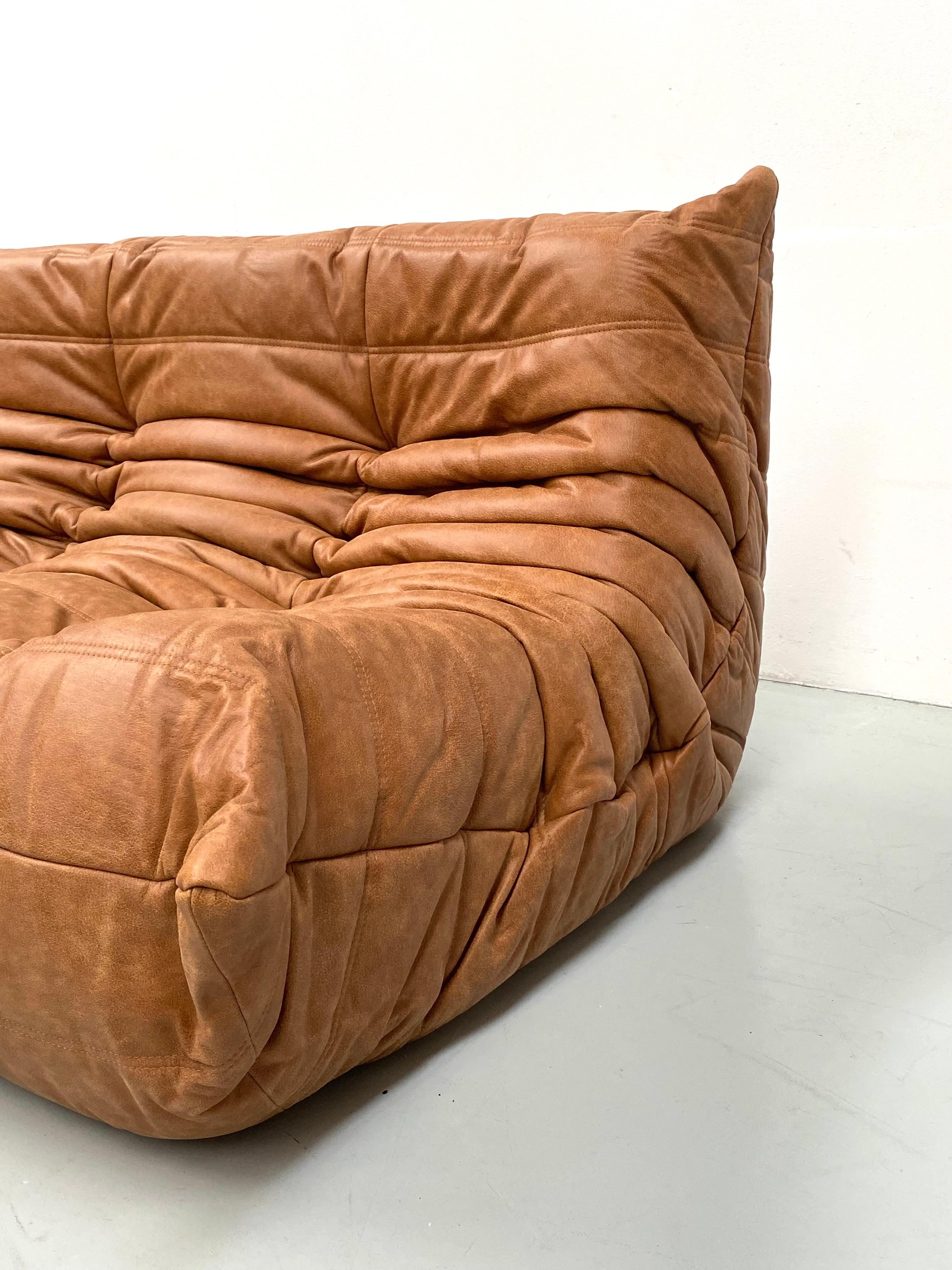20th Century French Togo Sofa in Vintage Cognac Leather by M. Ducaroy for Ligne Roset, 1970s