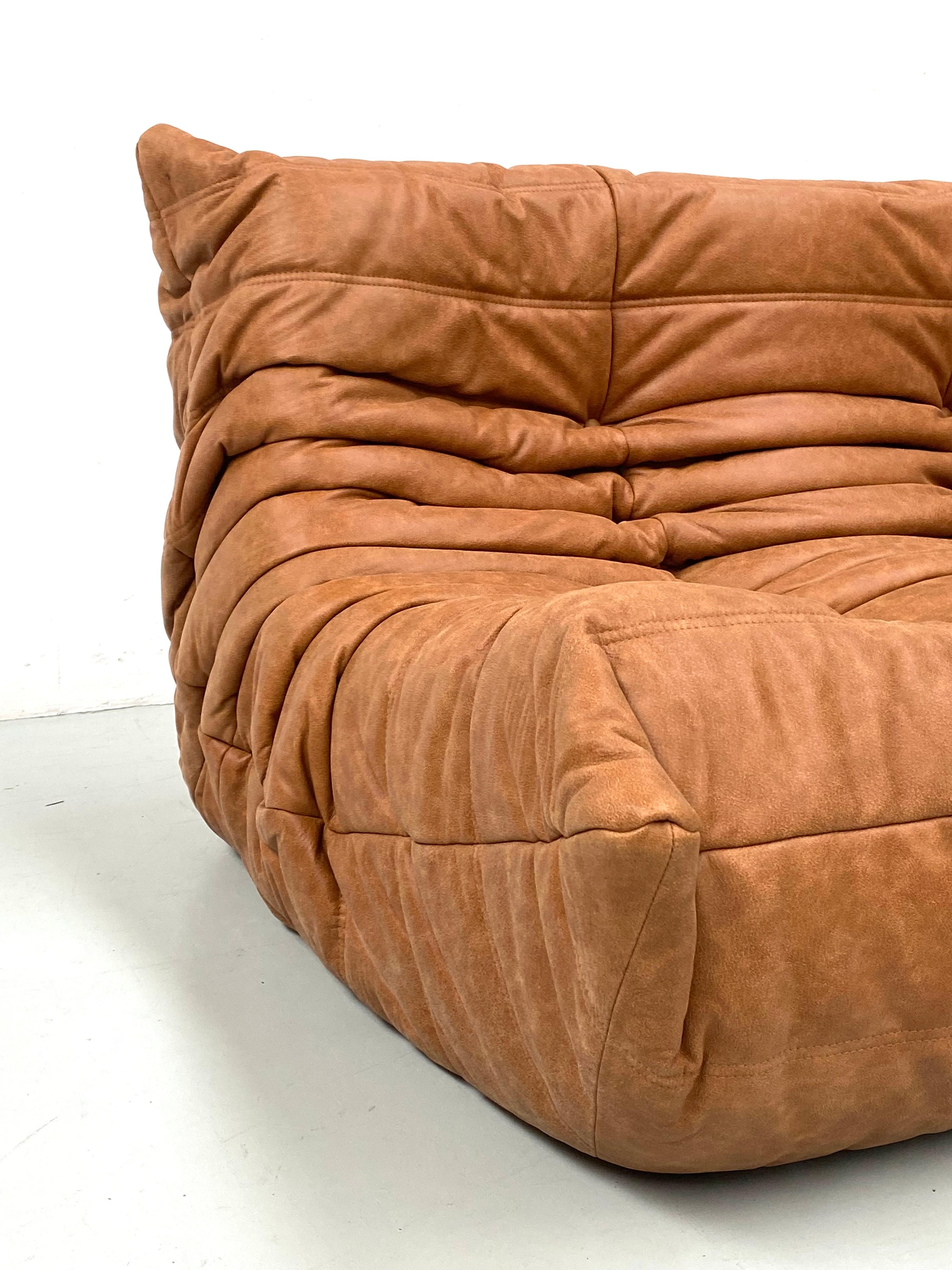 20th Century French Togo Sofa in Vintage Cognac Leather by M. Ducaroy for Ligne Roset, 1970s