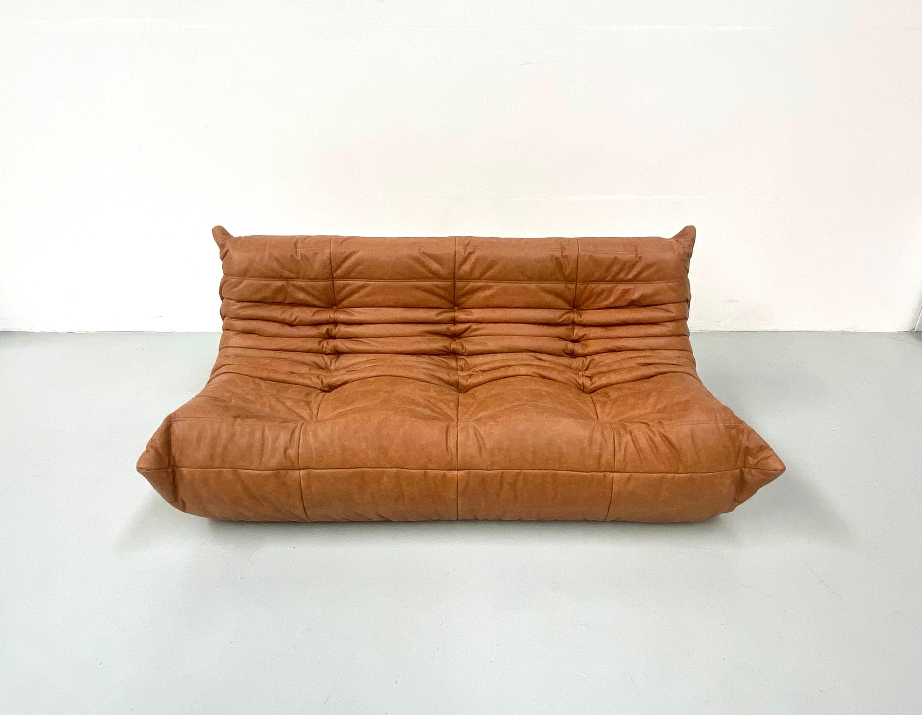 French Togo Sofa in Vintage Cognac Leather by M. Ducaroy for Ligne Roset, 1970s 1