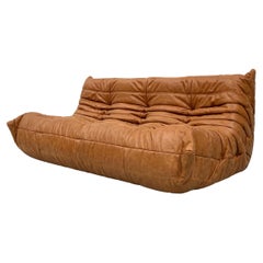 French Togo Sofa in Vintage Cognac Leather by M. Ducaroy for Ligne Roset, 1970s