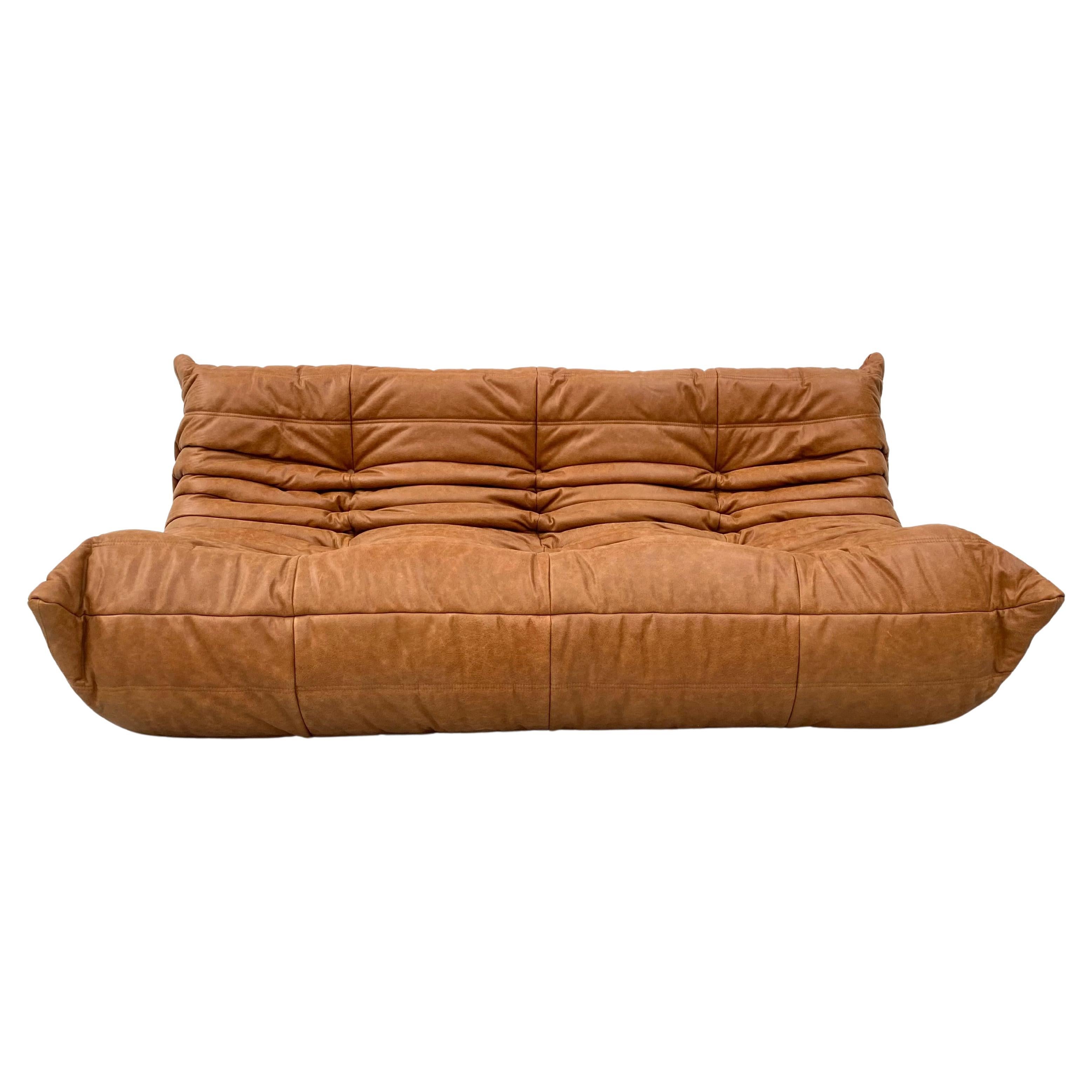 French Togo Sofa in Vintage Cognac Leather by M. Ducaroy for Ligne Roset, 1970s