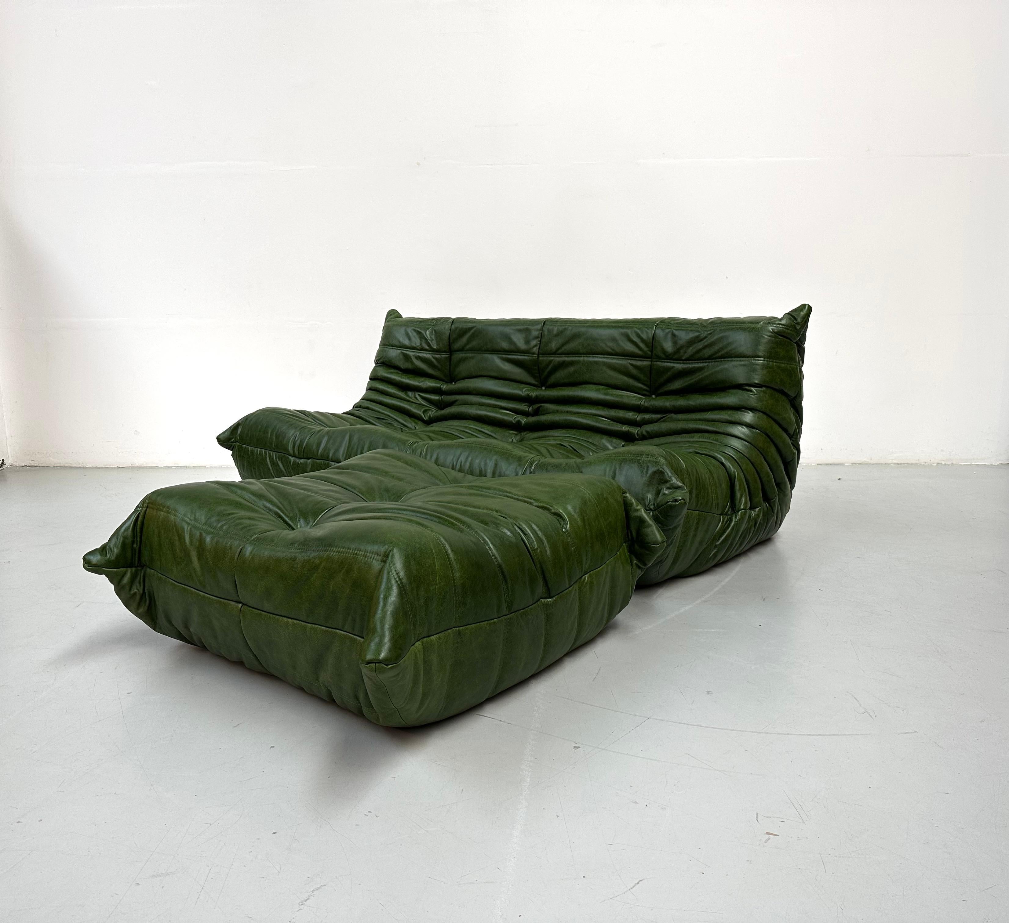 Mid-Century Modern French Togo Sofa with Ottoman in Green Leather by M.Ducaroy for Ligne Roset.