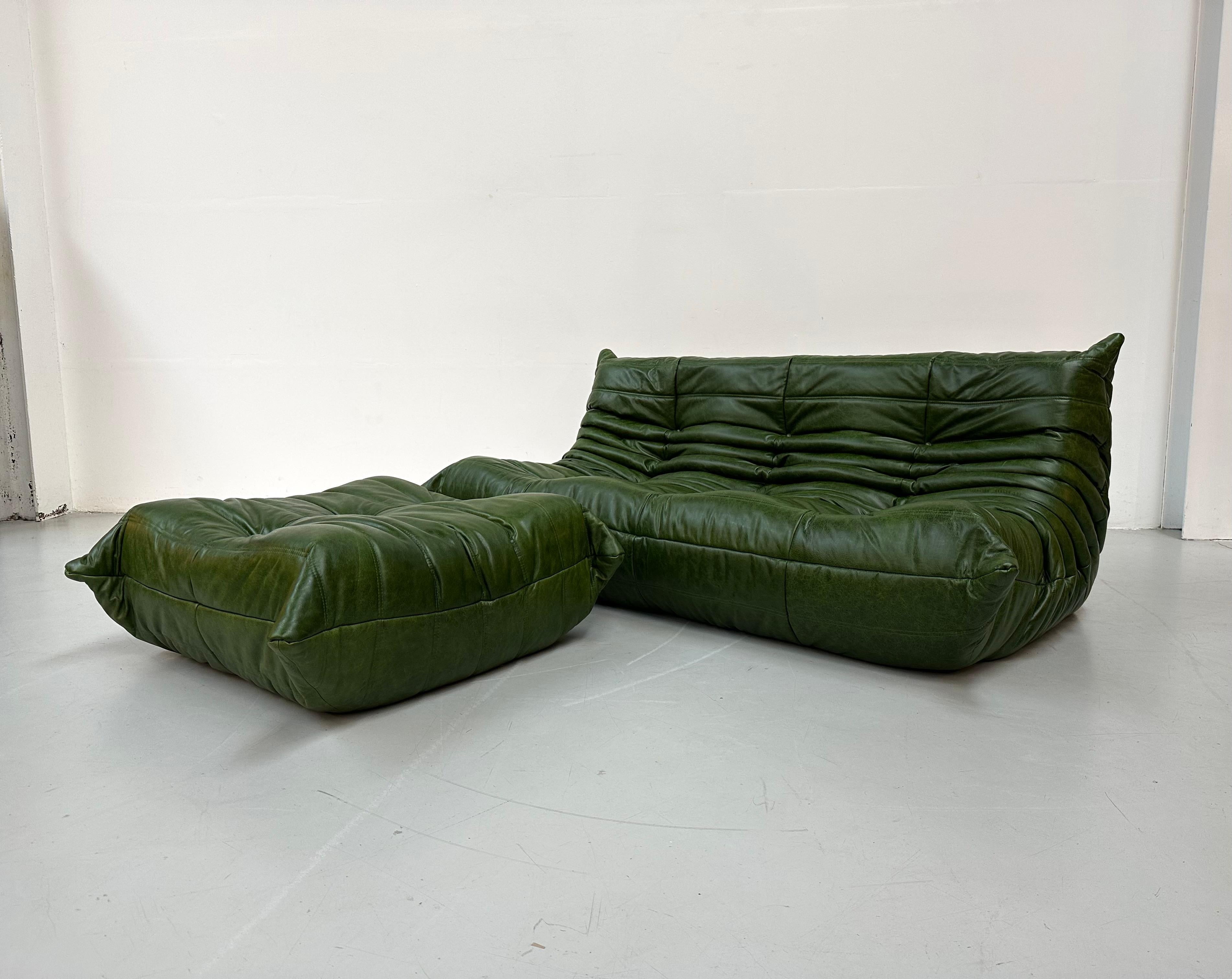 20th Century French Togo Sofa with Ottoman in Green Leather by M.Ducaroy for Ligne Roset.