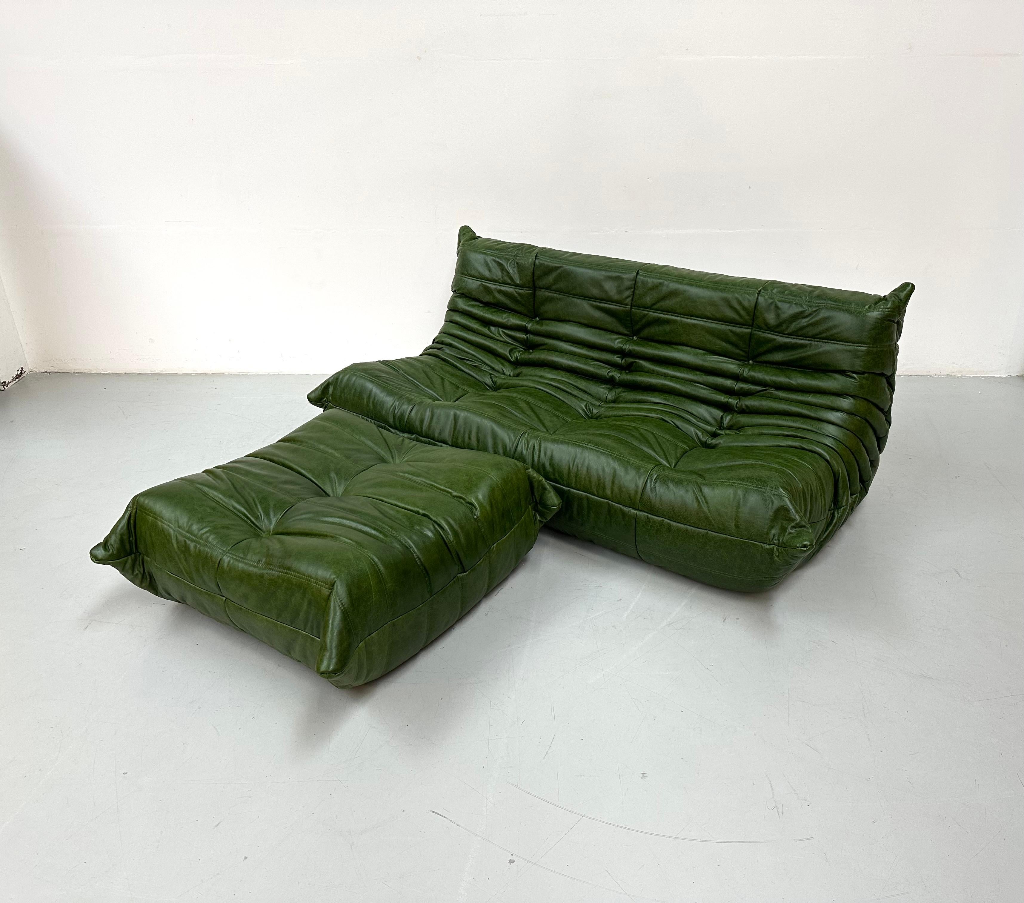 French Togo Sofa with Ottoman in Green Leather by M.Ducaroy for Ligne Roset. 1