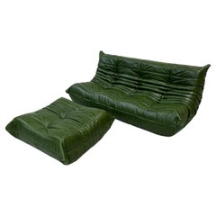 French Togo Sofa with Ottoman in Green Leather by M.Ducaroy for Ligne Roset.