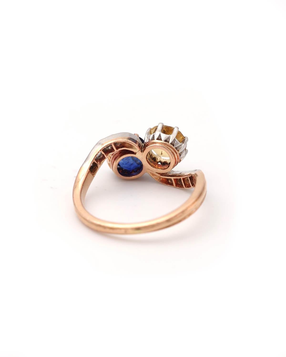 Women's French Toi et Moi sapphire and citrine ring, natural sapphire: 0.90 ct For Sale