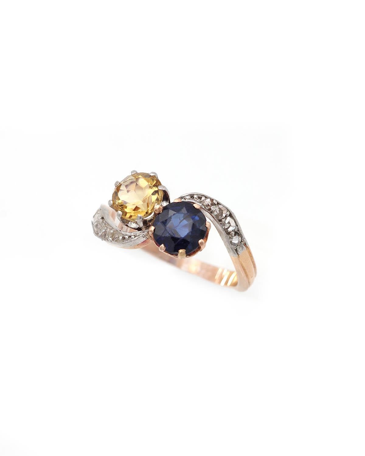 French Toi et Moi sapphire and citrine ring, natural sapphire: 0.90 ct For Sale 1
