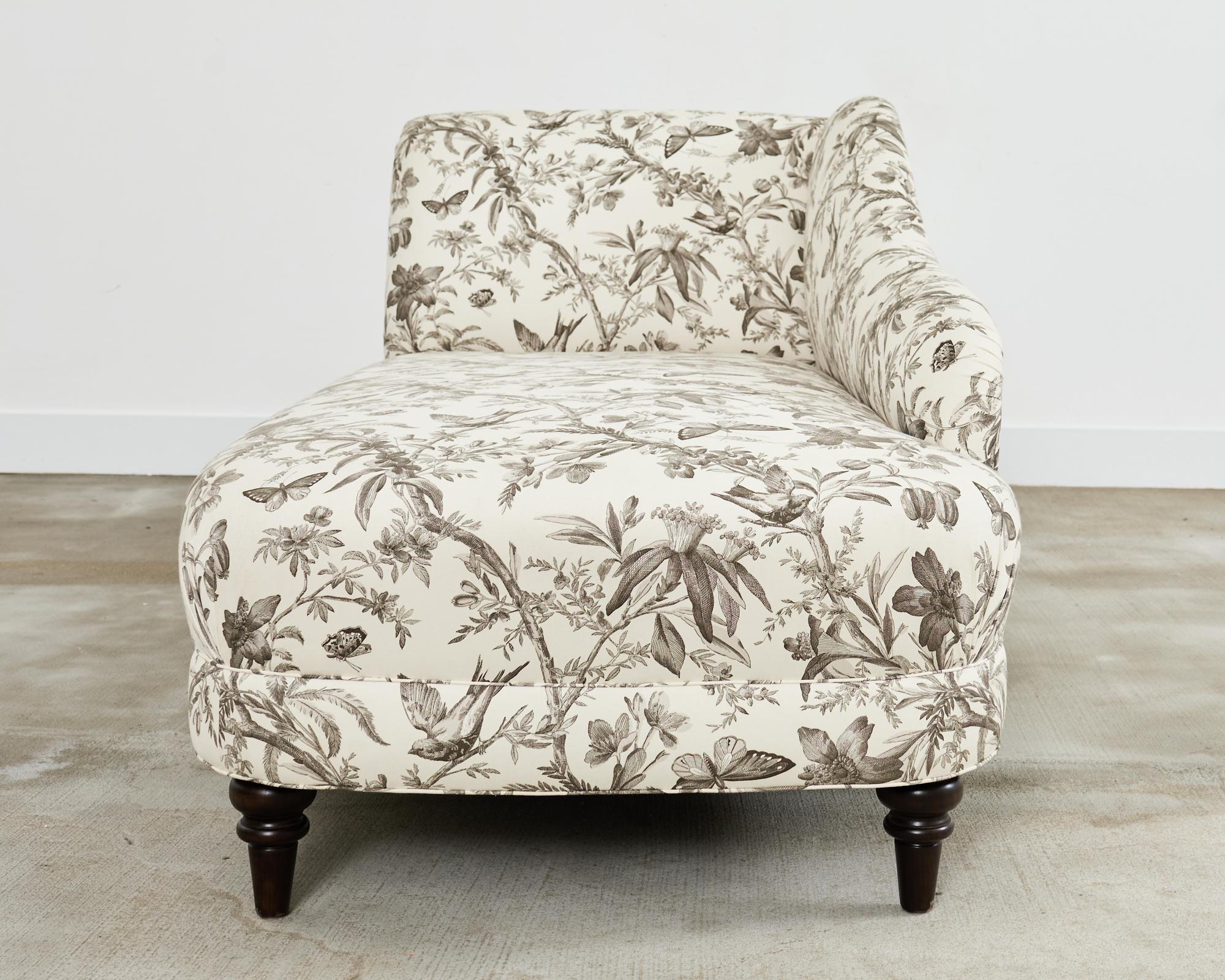 French Provincial French Toile de Jouy Flora and Fauna Upholstered Daybed Chaise