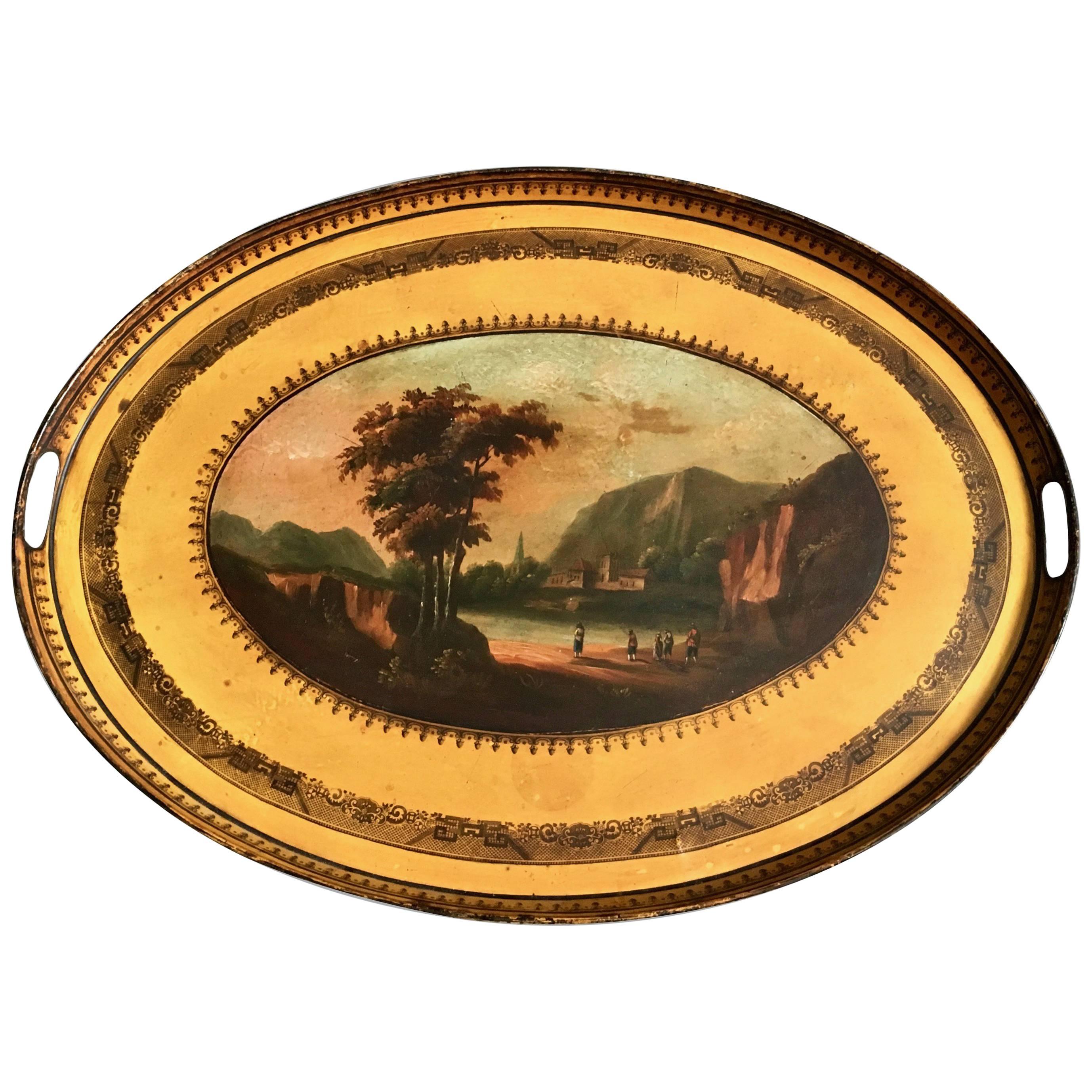 French Tole 19th Century Yellow Oval Tray