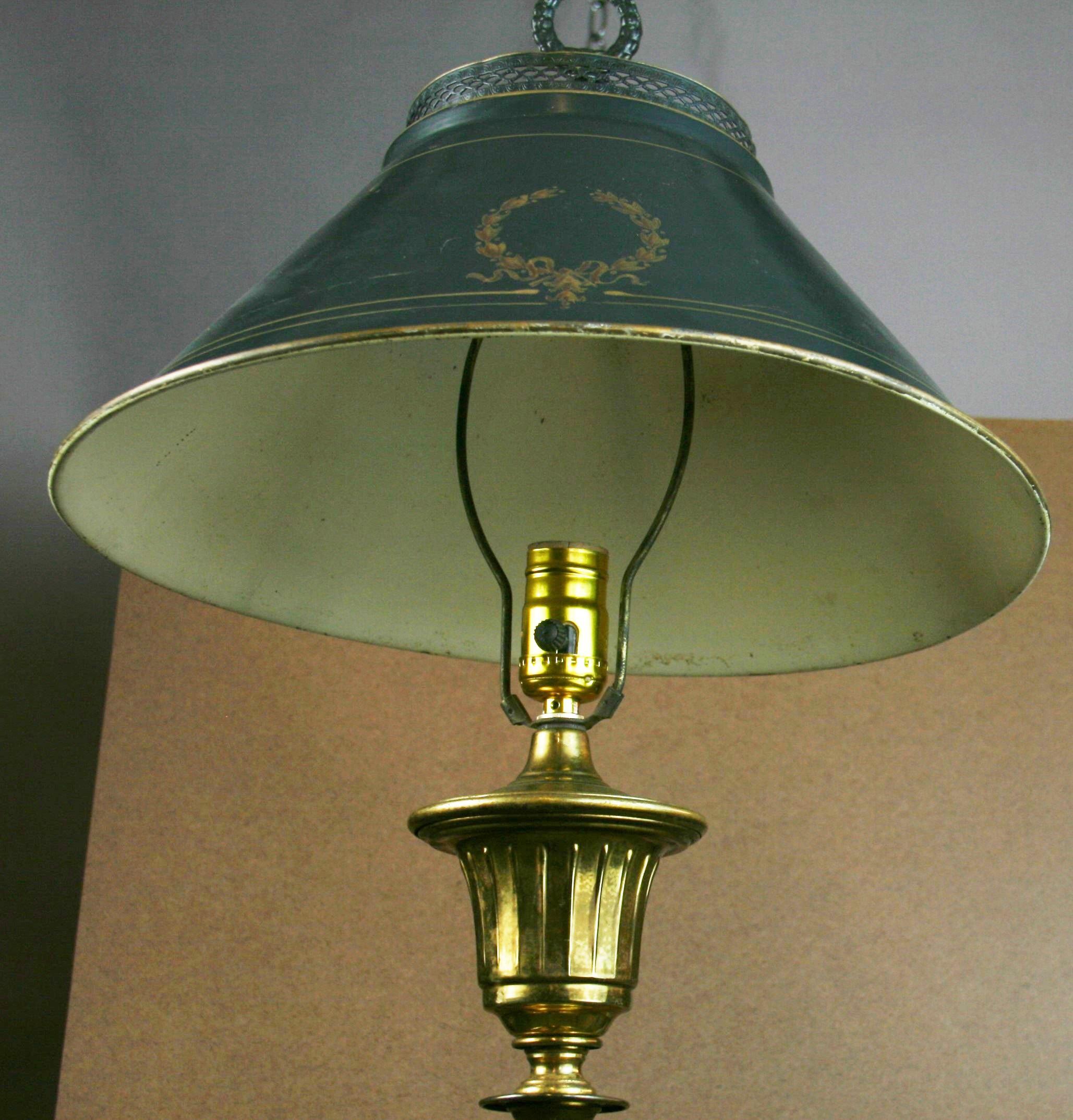 Metal French Tole and Brass Floor Lamp with Floating Table, 1930's For Sale