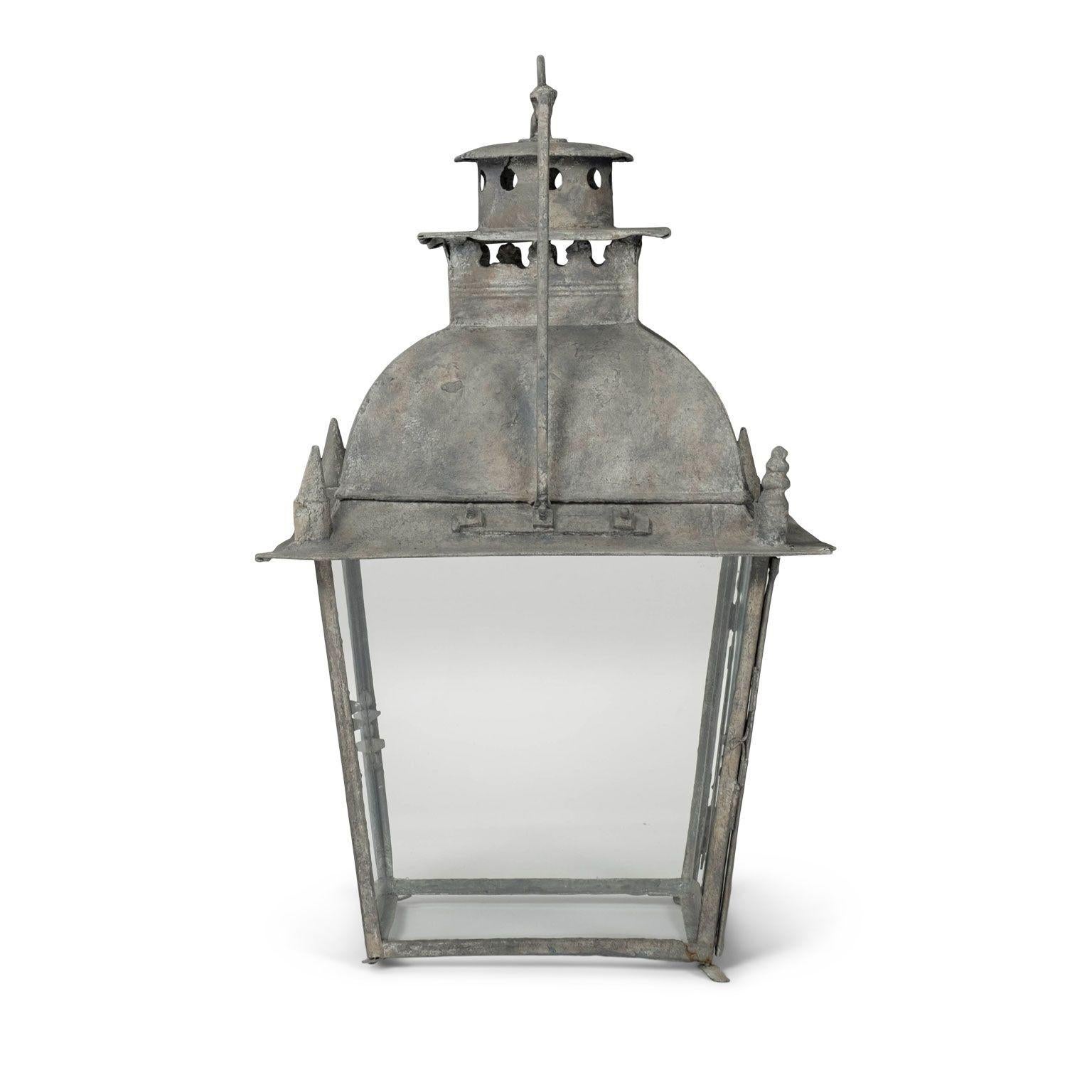 Cast French Tole and Glass Lantern For Sale