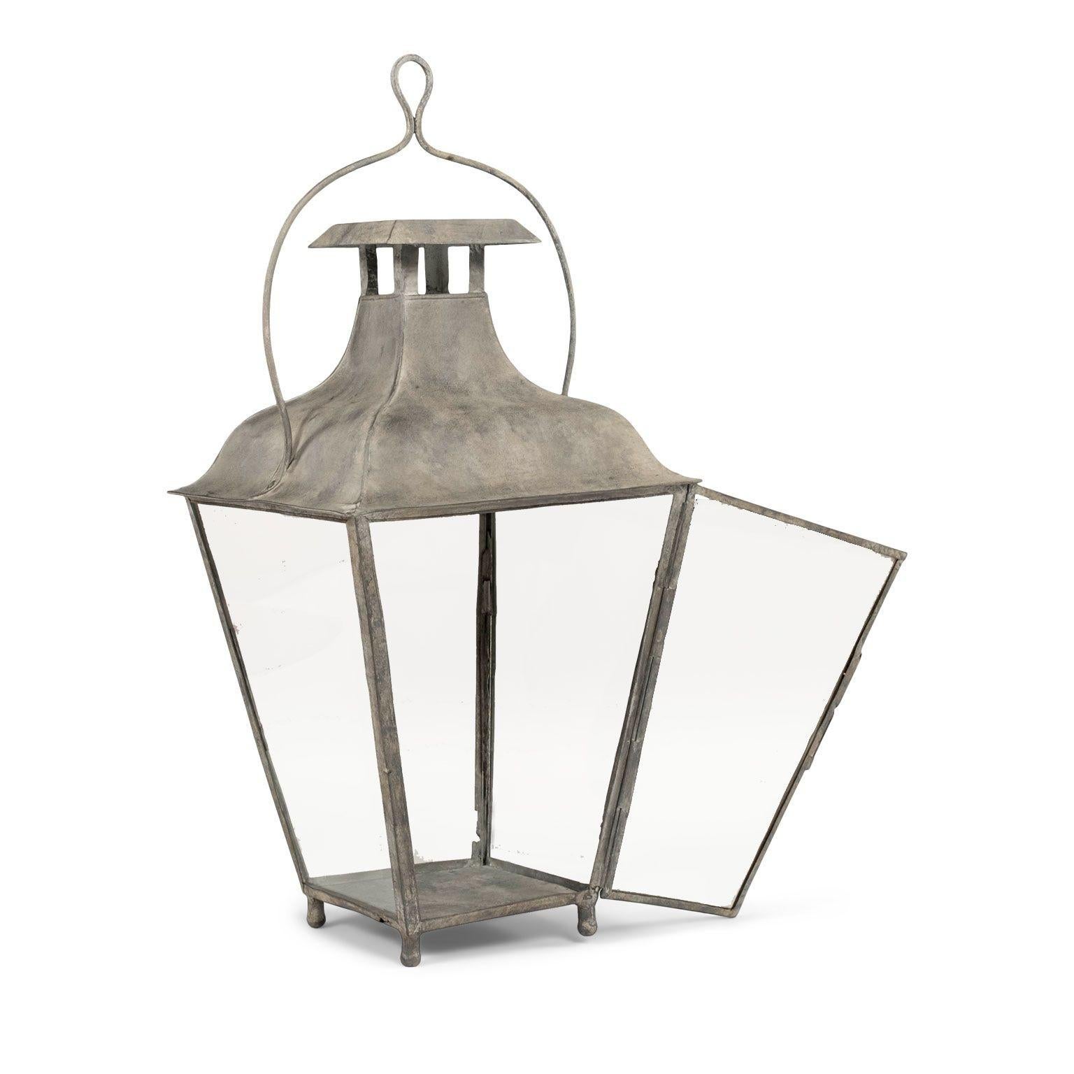 Forged French Tole and Glass Lantern For Sale