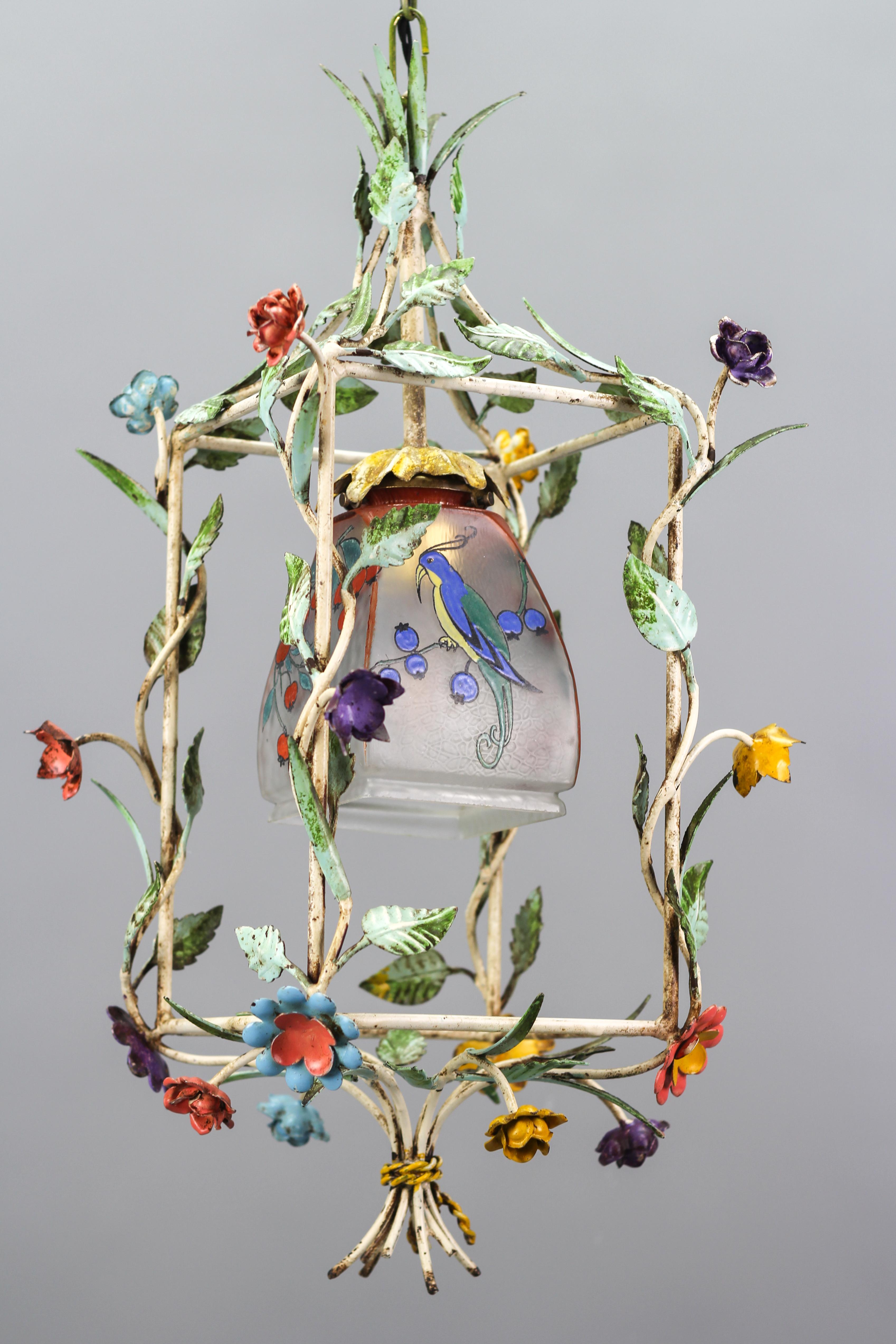 French Tole and Glass Polychrome Pastel Flower Cage Pendant Light, 1950s For Sale 6