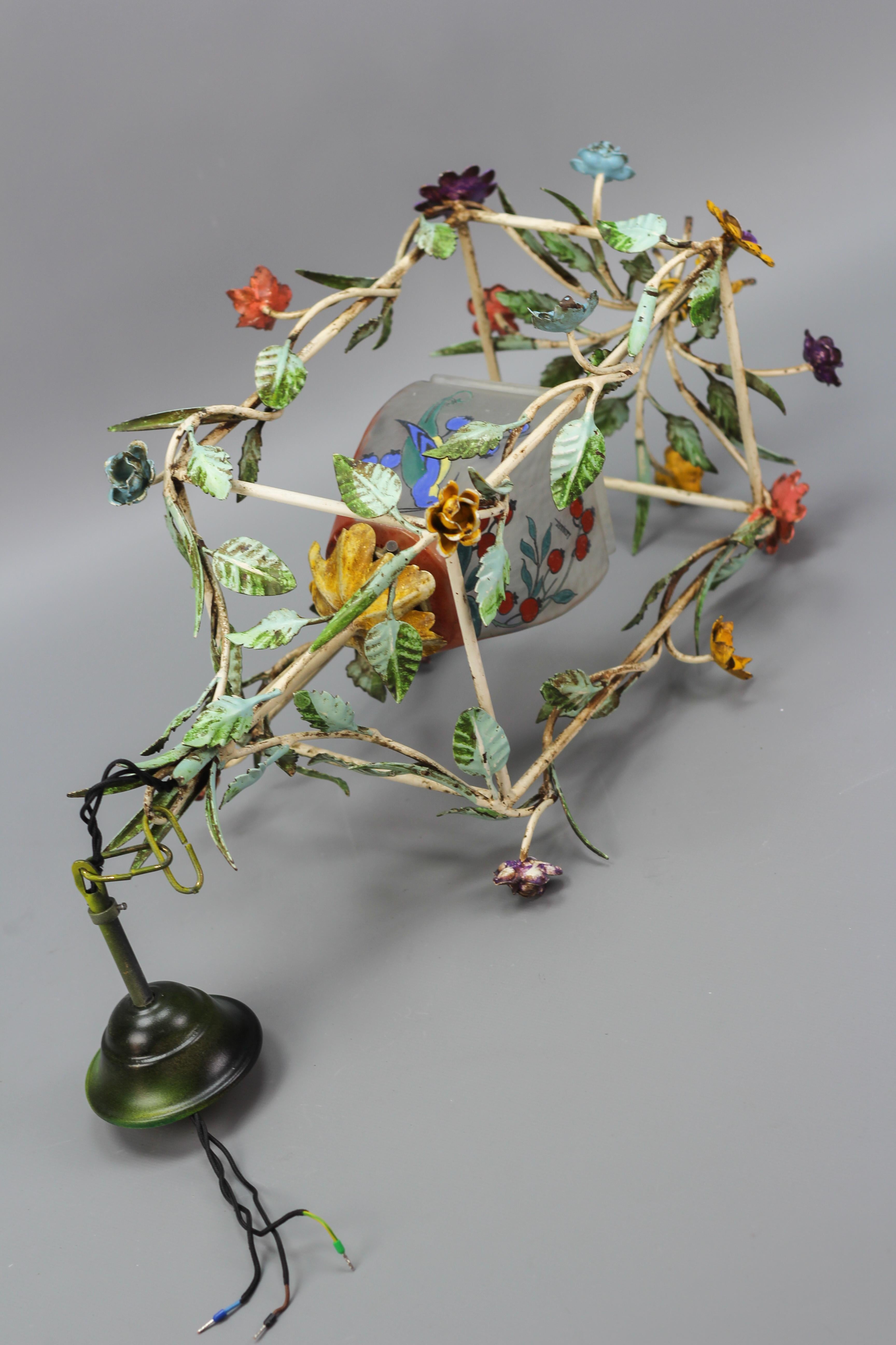 French Tole and Glass Polychrome Pastel Flower Cage Pendant Light, 1950s For Sale 9