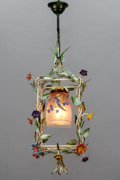 French Tole and Glass Polychrome Pastel Flower Cage Pendant Light, 1950s