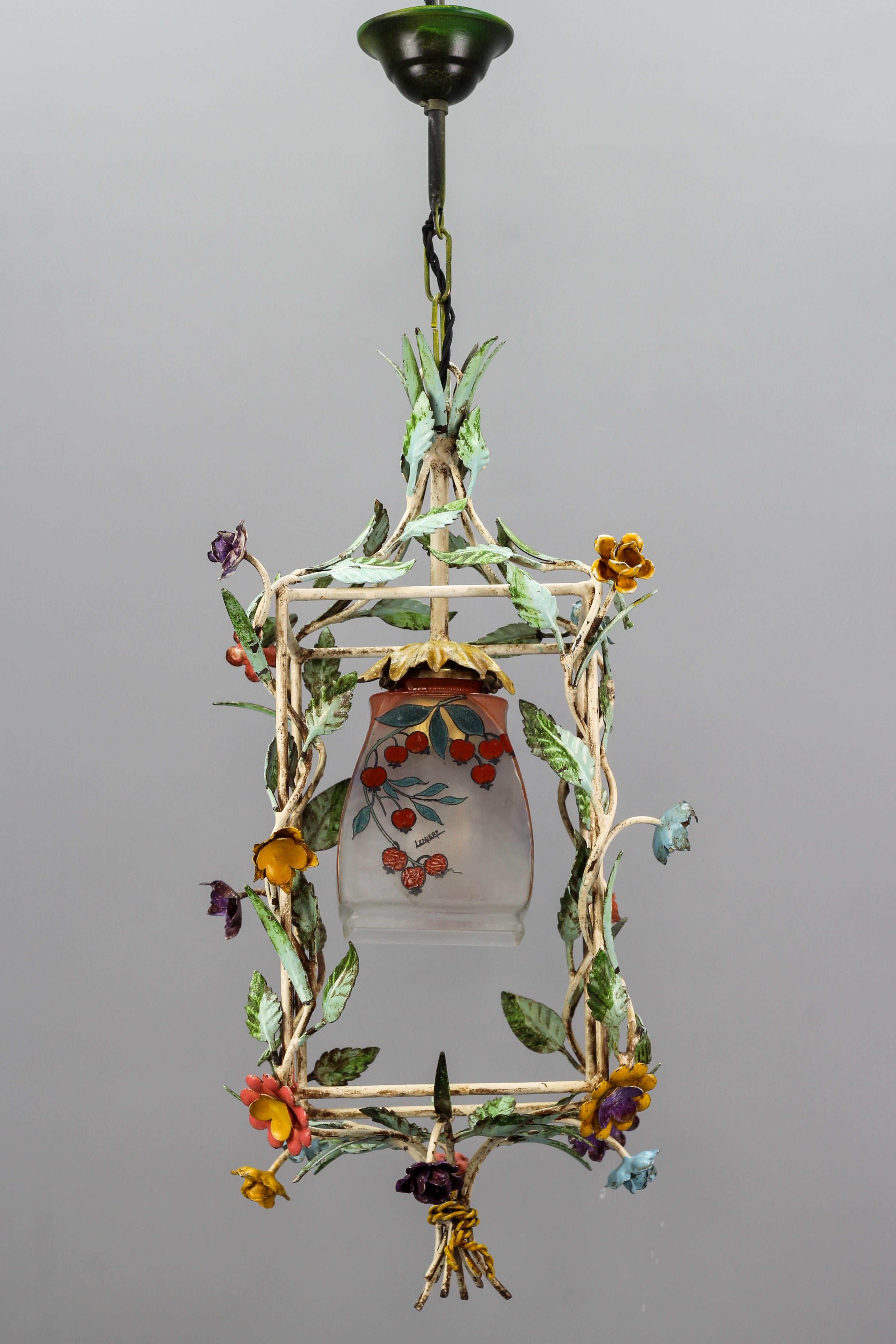 Frosted French Tole and Glass Polychrome Pastel Flower Cage Pendant Light, 1950s For Sale