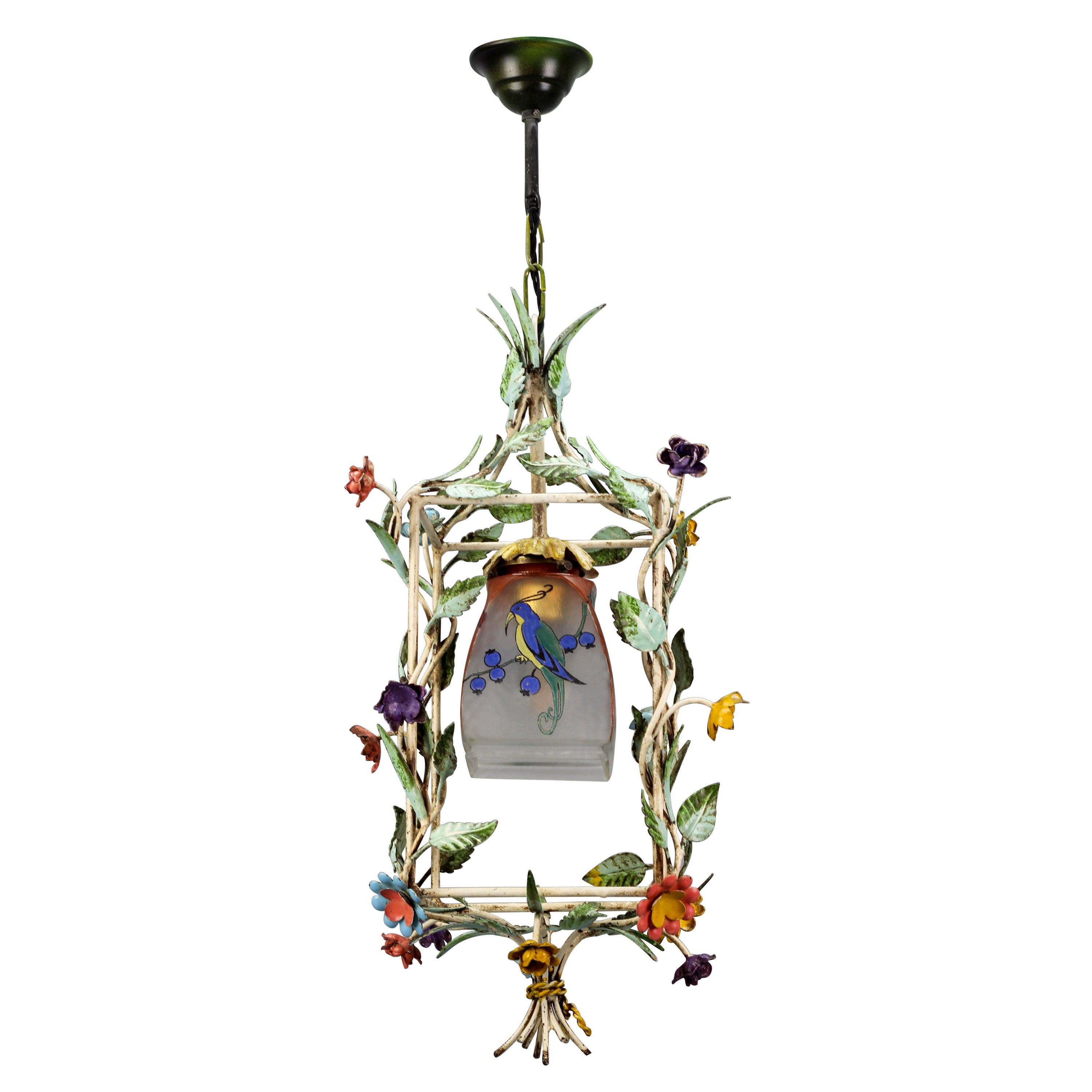 Lights en cage à fleurs polychrome et pastel en tôle et verre, années 1950 en vente