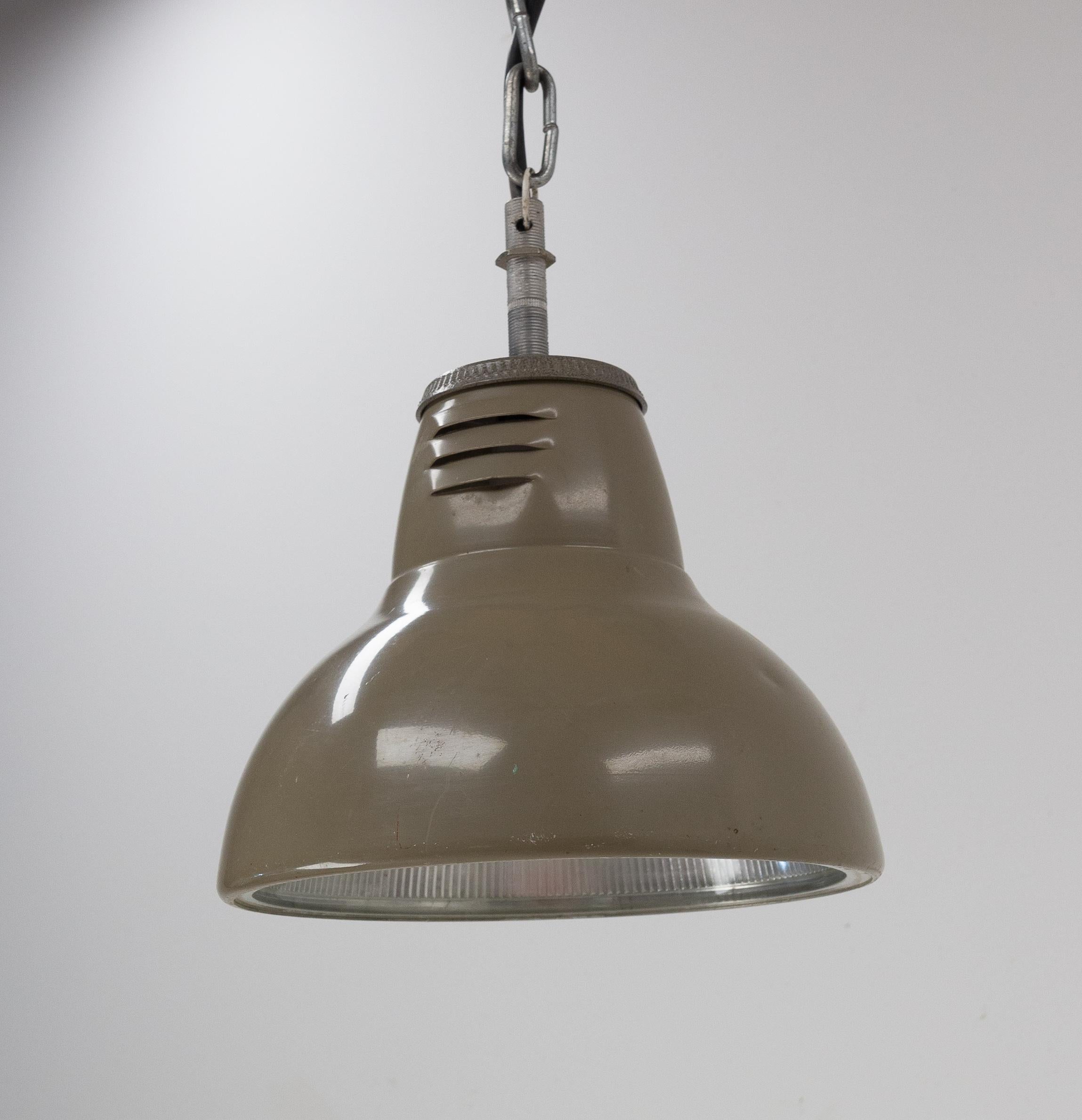 Mid-Century Modern French Tole and Glass style Holophane Lamp Ceiling Pendant, circa 1960 For Sale