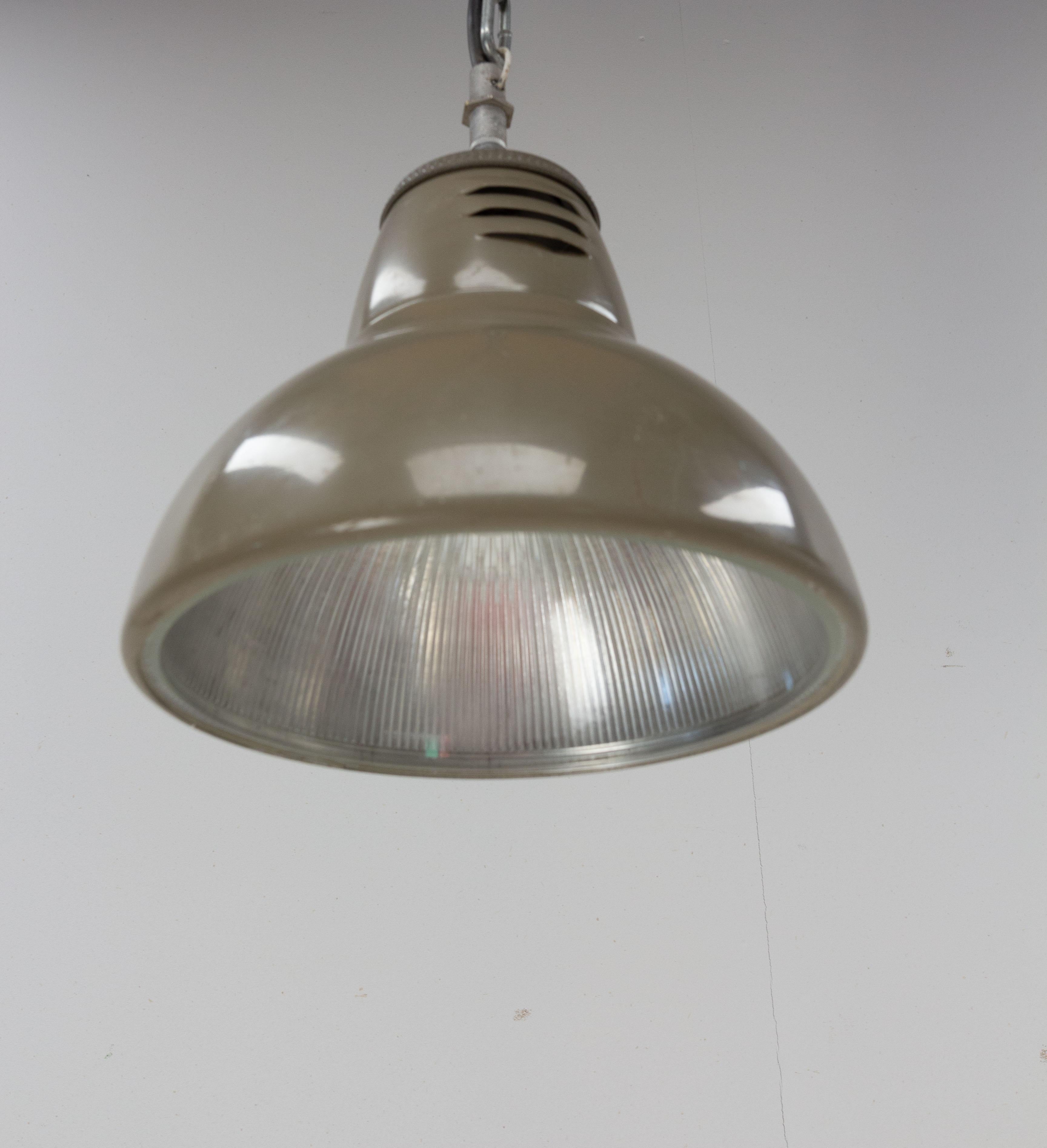Mid-20th Century French Tole and Glass style Holophane Lamp Ceiling Pendant, circa 1960 For Sale