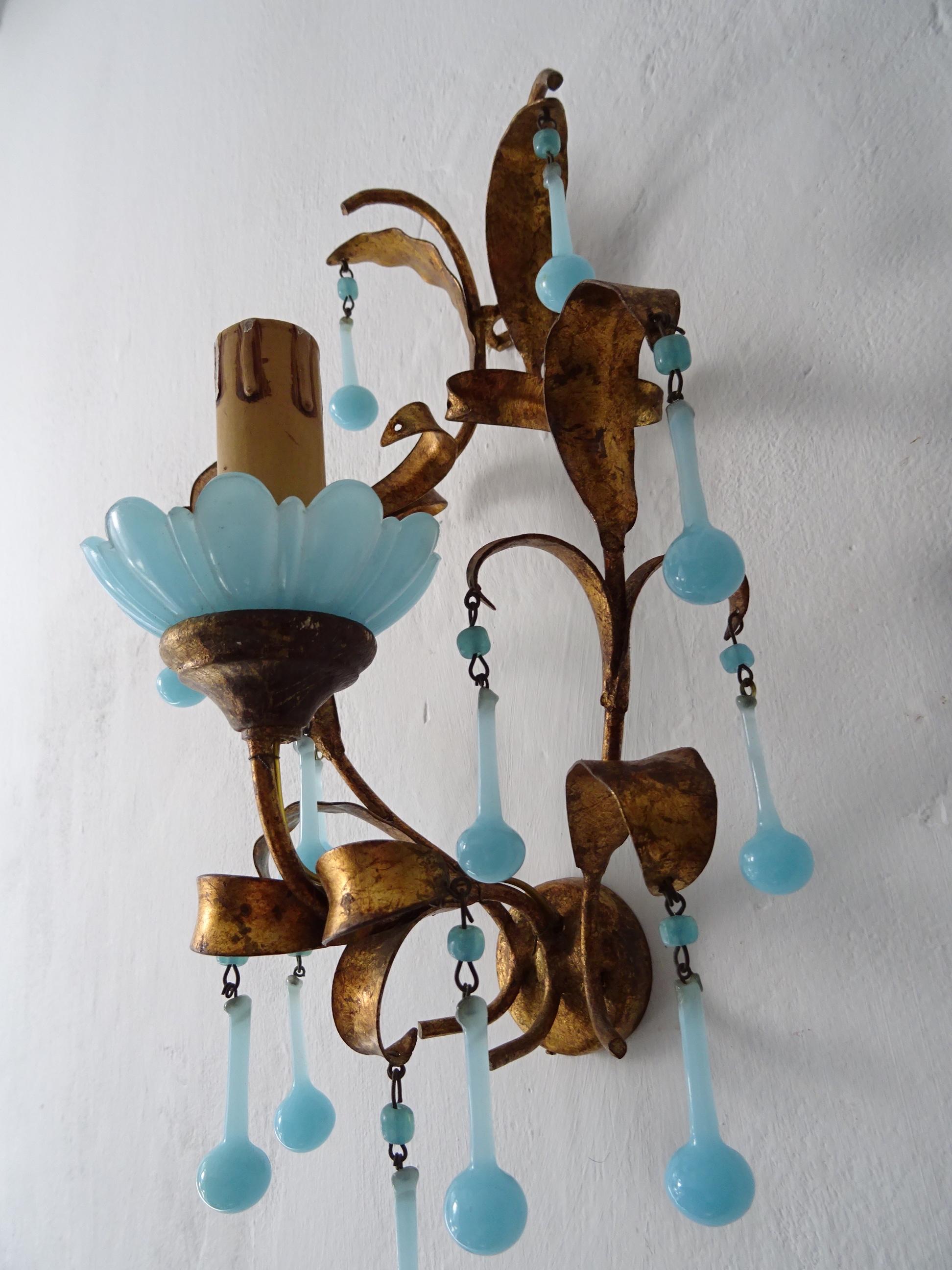French Tole Aqua Blue Murano Opaline Drops & Beads Bobeches Sconces For Sale 5