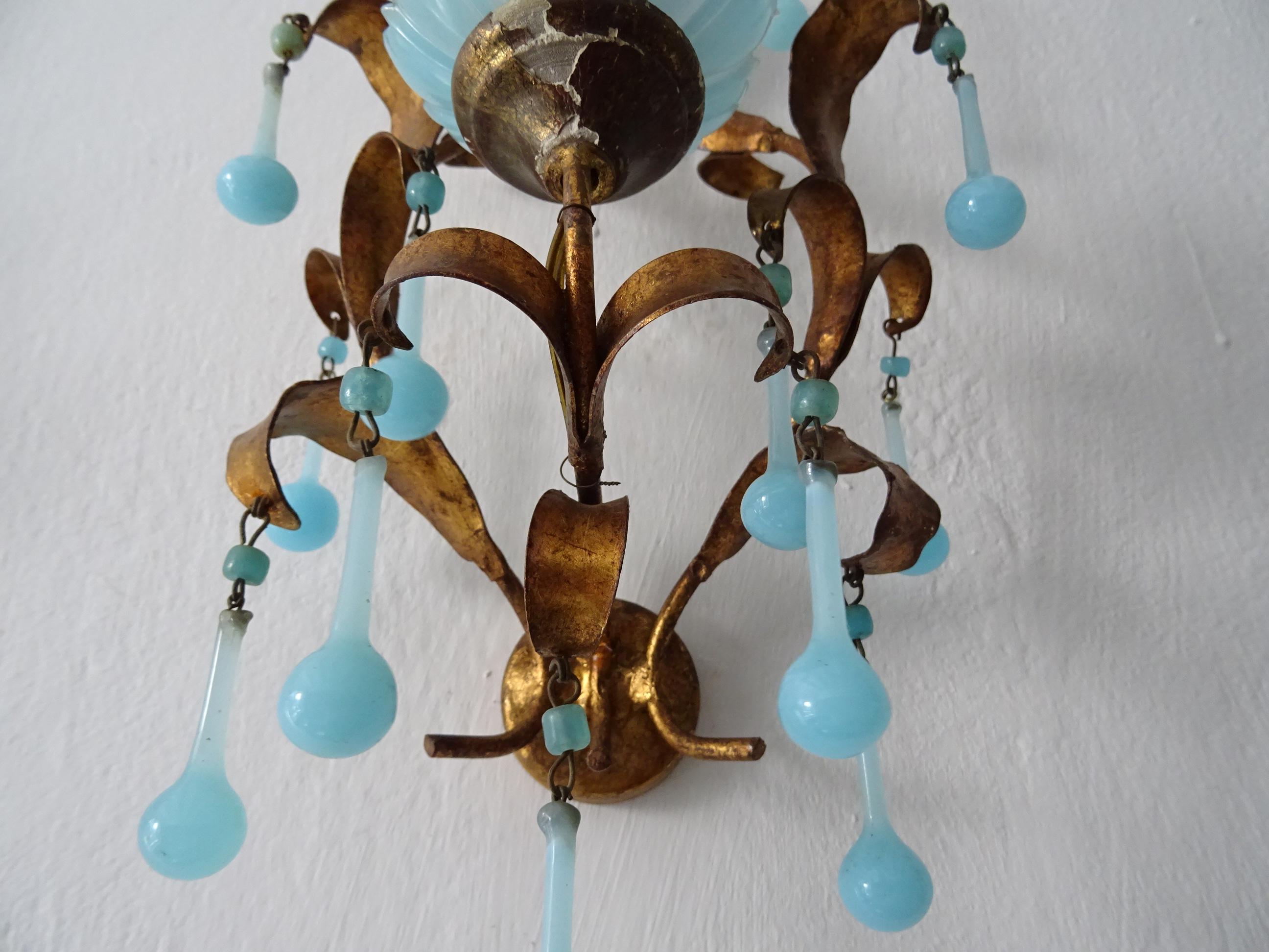 French Tole Aqua Blue Murano Opaline Drops & Beads Bobeches Sconces For Sale 6