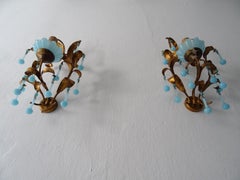 French Tole Aqua Blue Murano Opaline Drops & Beads Bobeches Sconces
