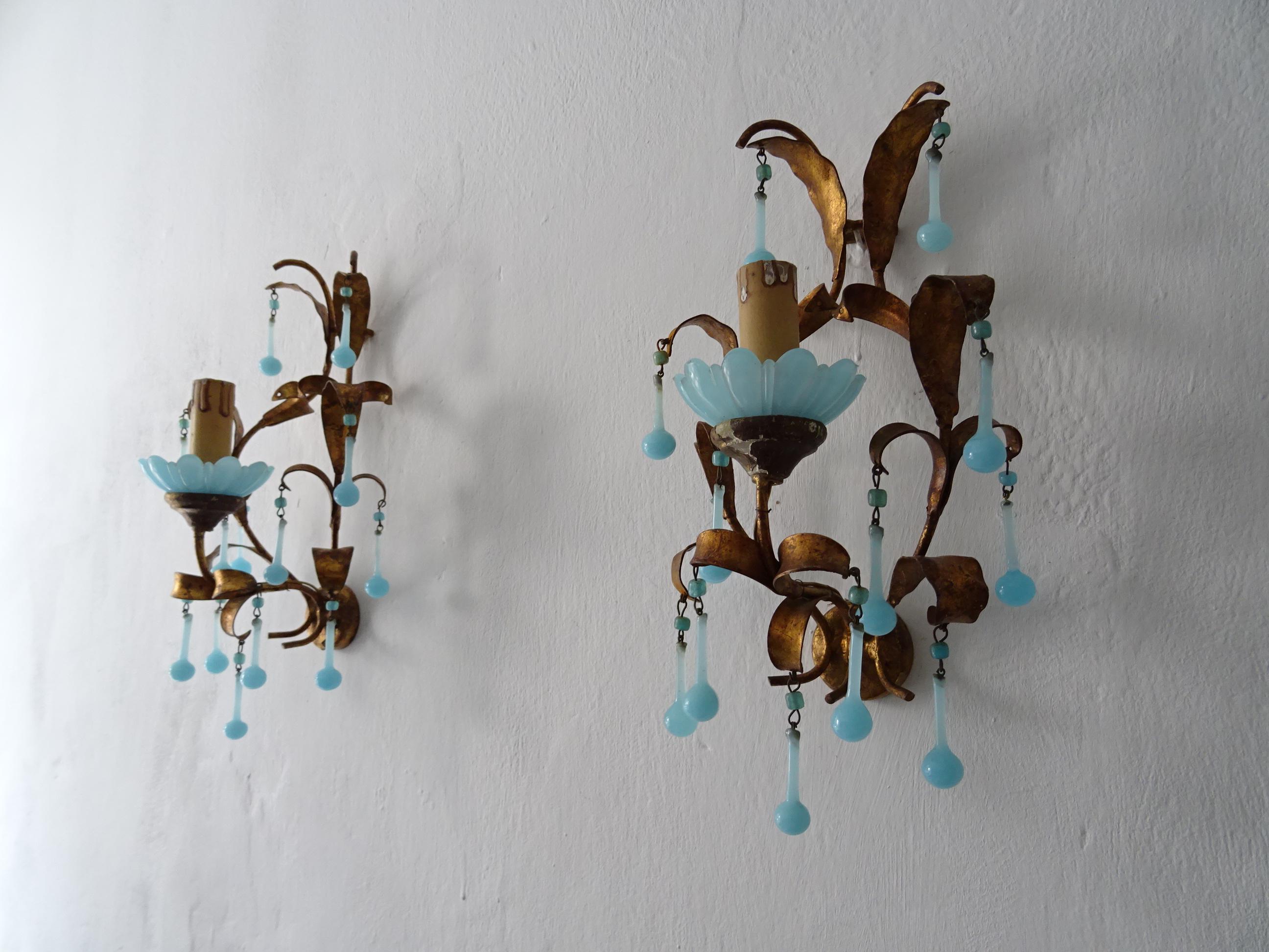 French Tole Aqua Blue Murano Opaline Drops & Beads Bobeches Sconces In Good Condition For Sale In Firenze, Toscana