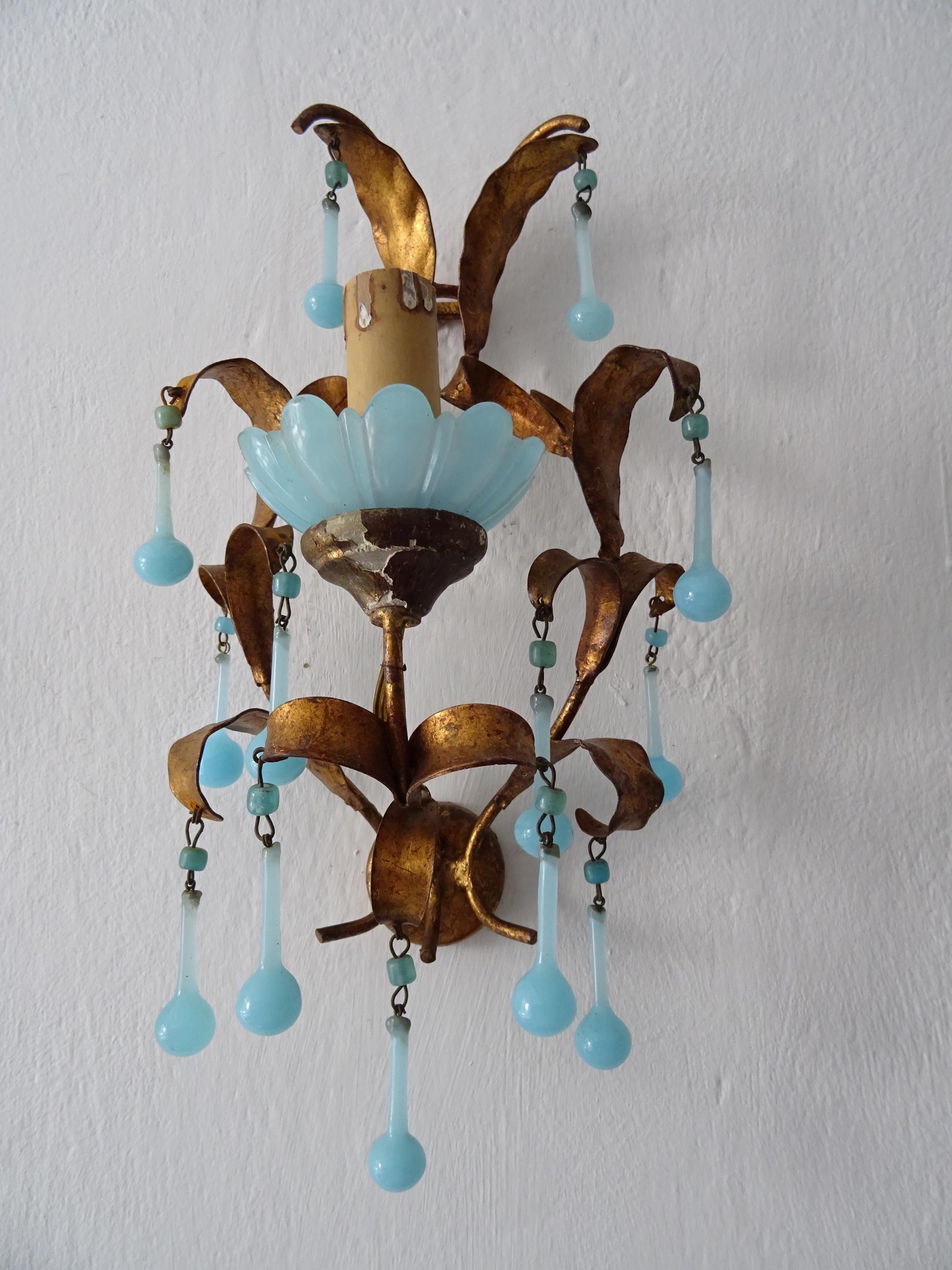 Early 20th Century French Tole Aqua Blue Murano Opaline Drops & Beads Bobeches Sconces For Sale