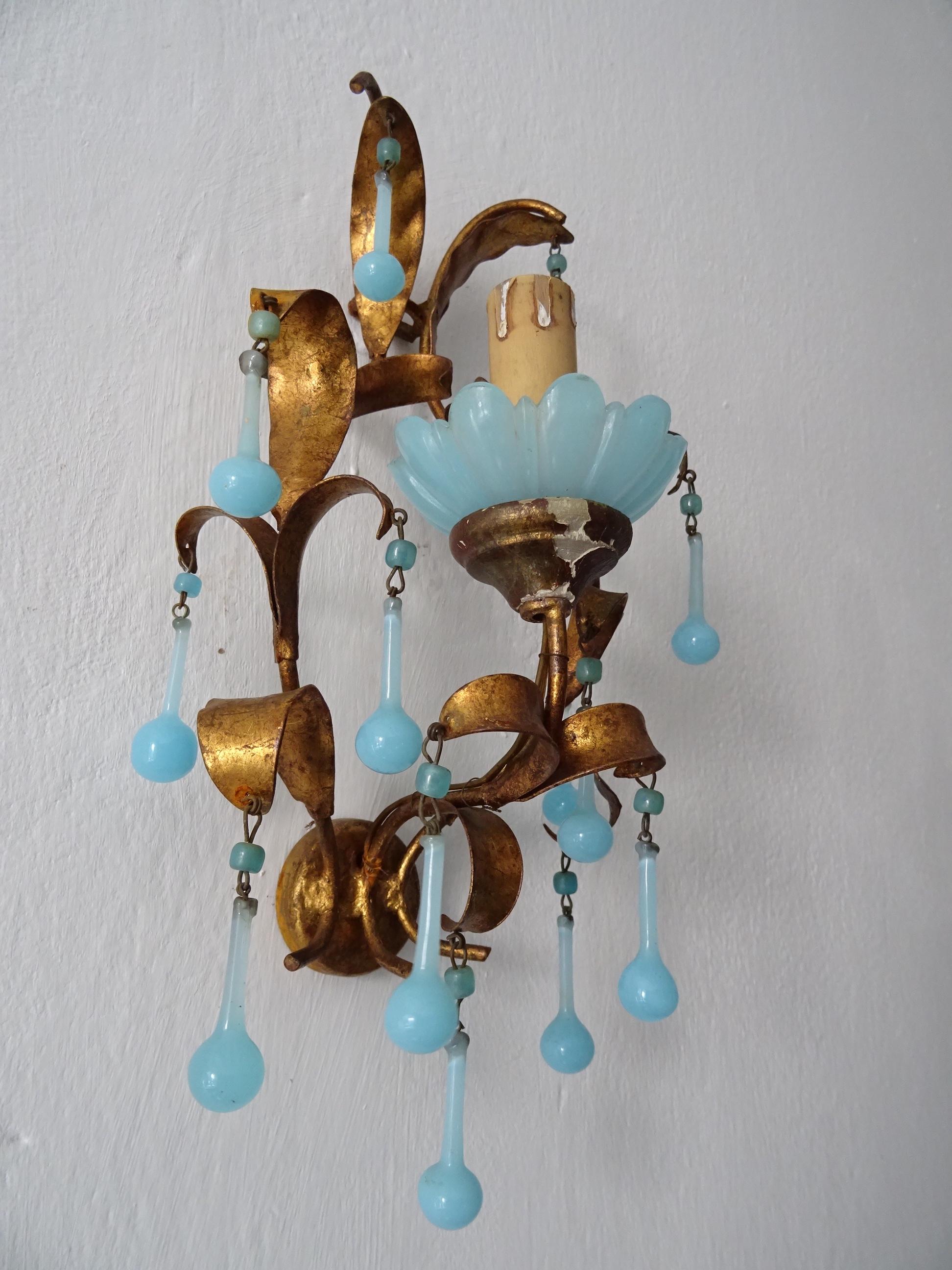 French Tole Aqua Blue Murano Opaline Drops & Beads Bobeches Sconces For Sale 1