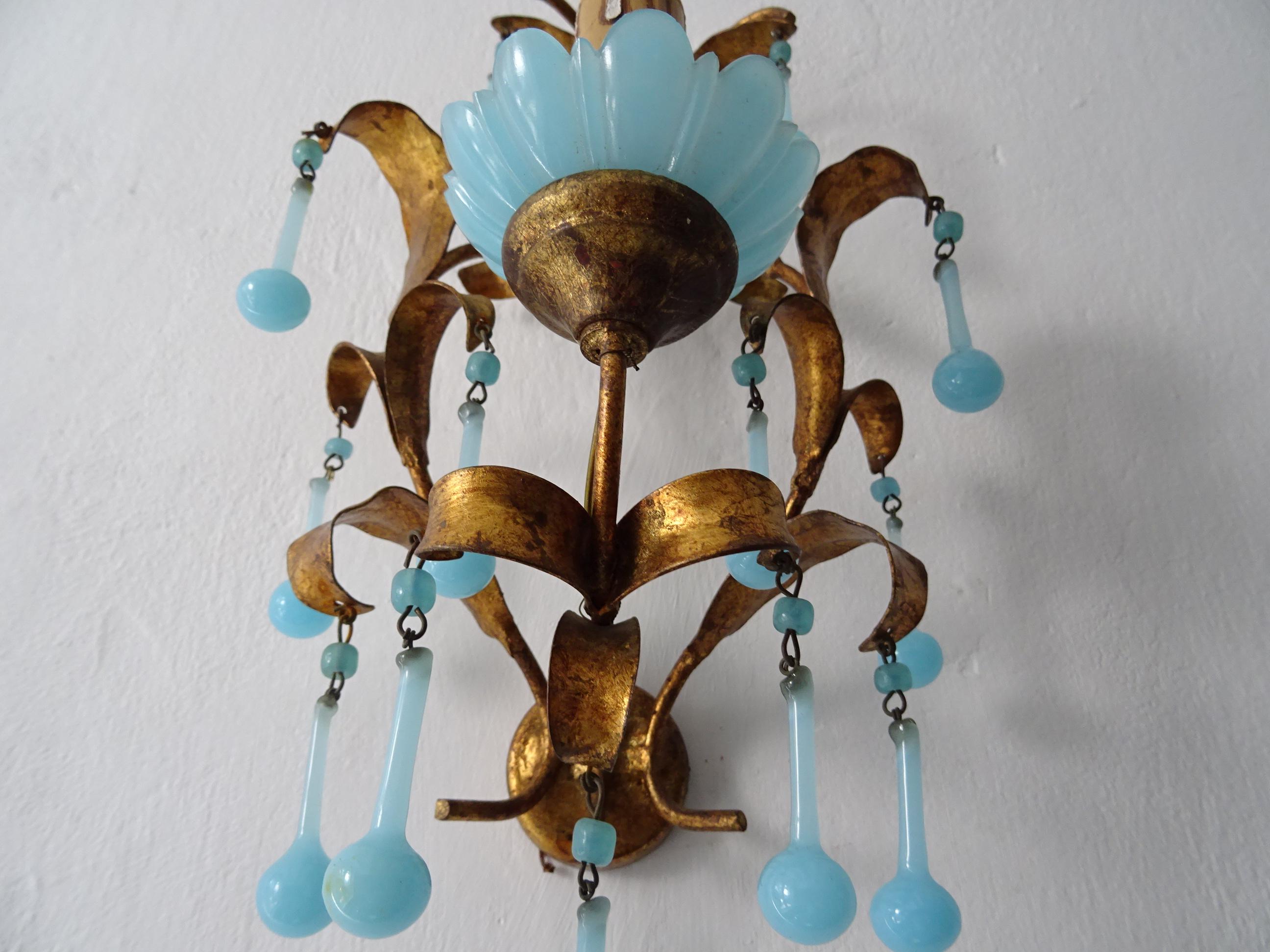 French Tole Aqua Blue Murano Opaline Drops & Beads Bobeches Sconces For Sale 2