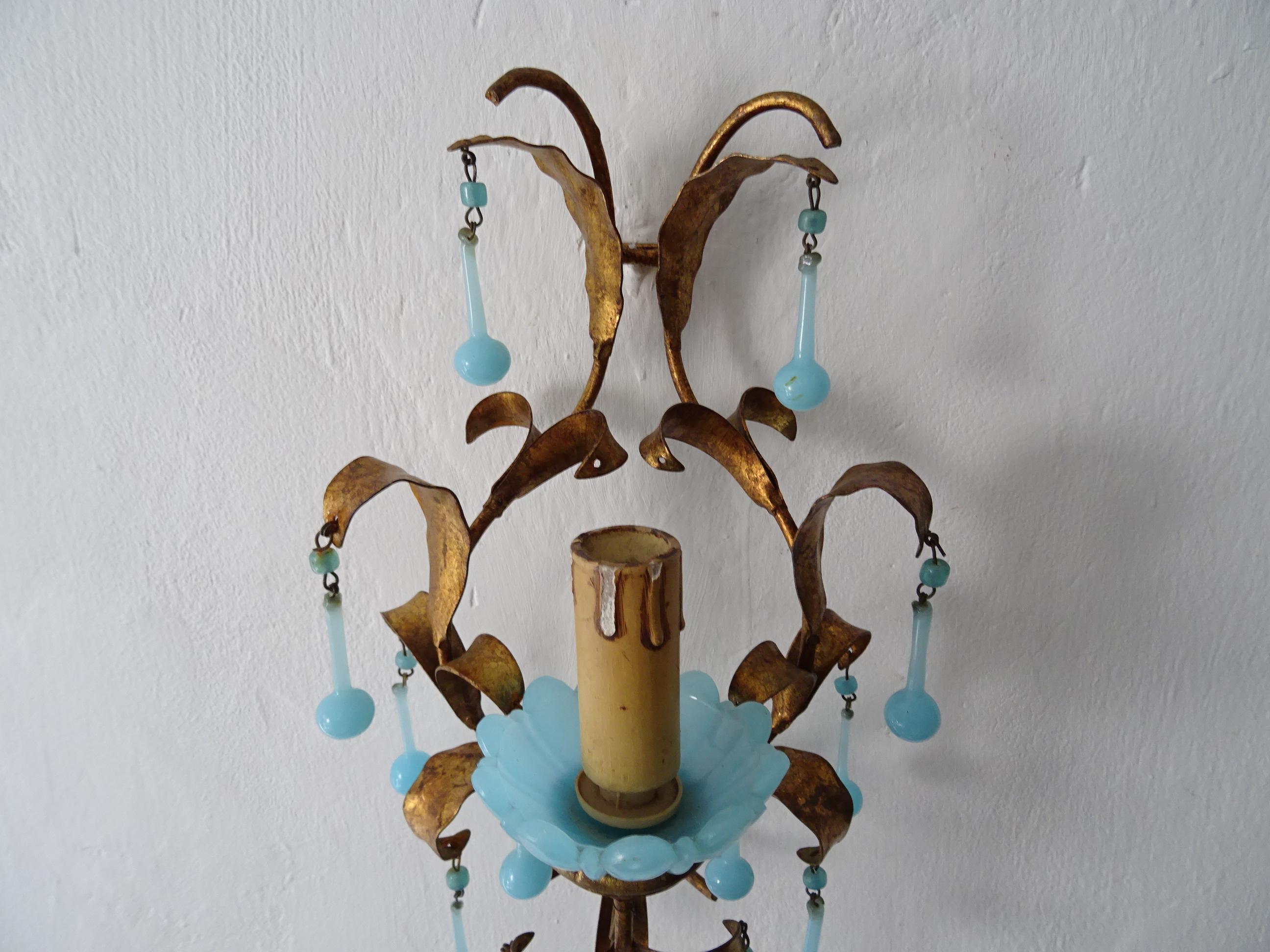 French Tole Aqua Blue Murano Opaline Drops & Beads Bobeches Sconces For Sale 3