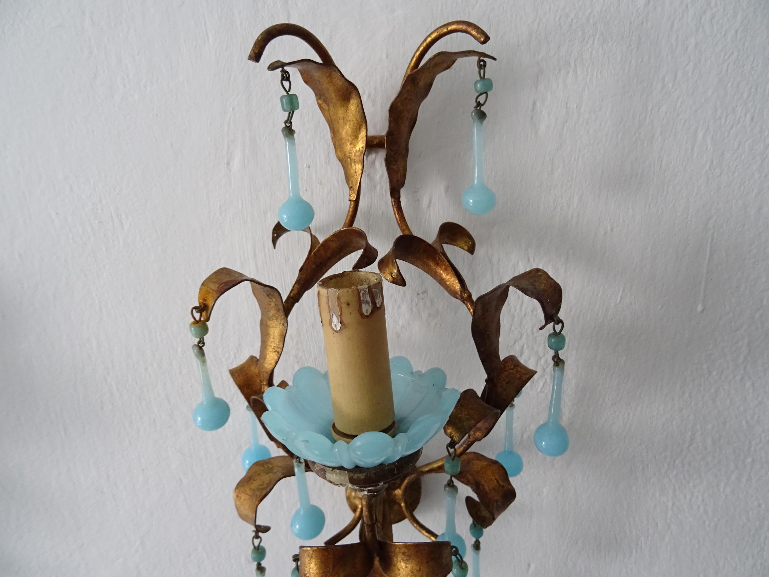 French Tole Aqua Blue Murano Opaline Drops & Beads Bobeches Sconces For Sale 4