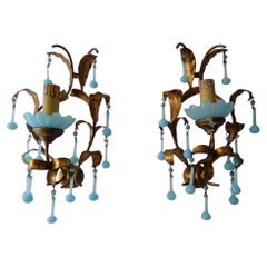 French Tole Aqua Blue Murano Opaline Drops & Beads Bobeches Sconces