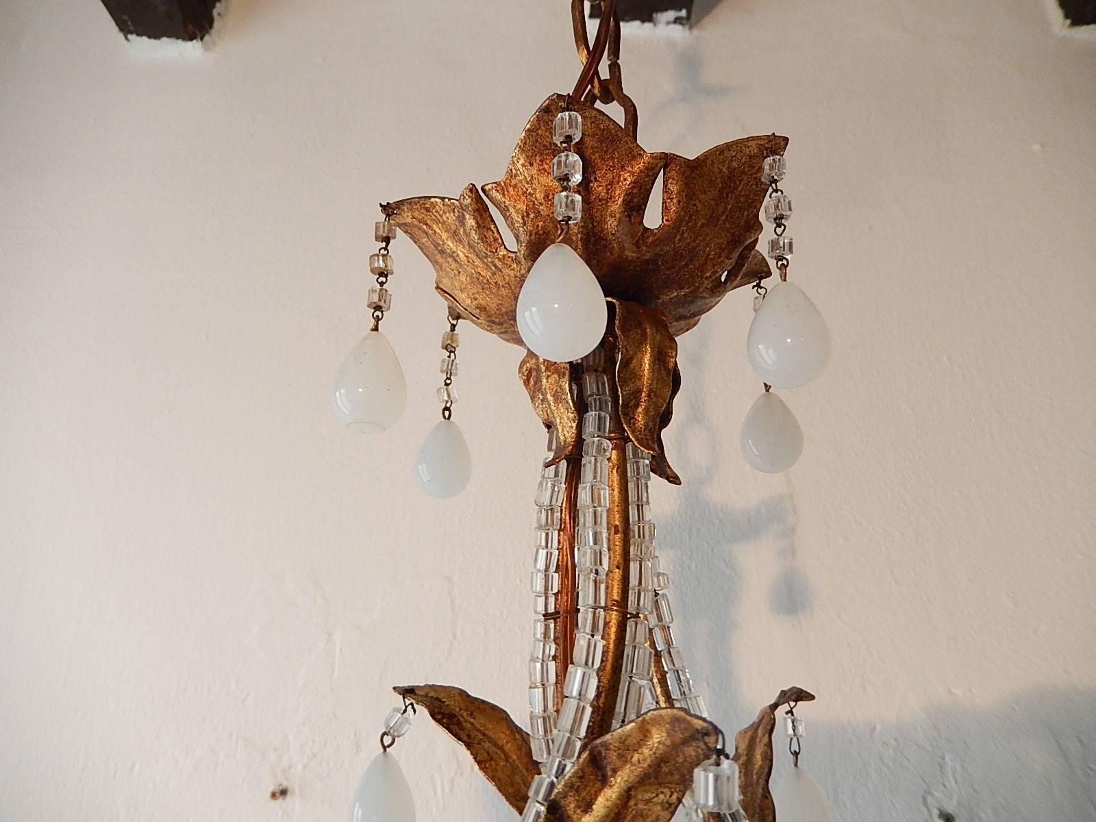 Early 20th Century French Maison Bagues Style Tole Beaded Roses and White Opaline Drops Chandelier For Sale